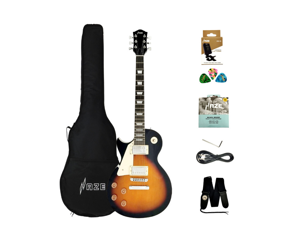Haze Left Handed SEG277BSLH Vintage Sunburst Electric Guitar + Accessories