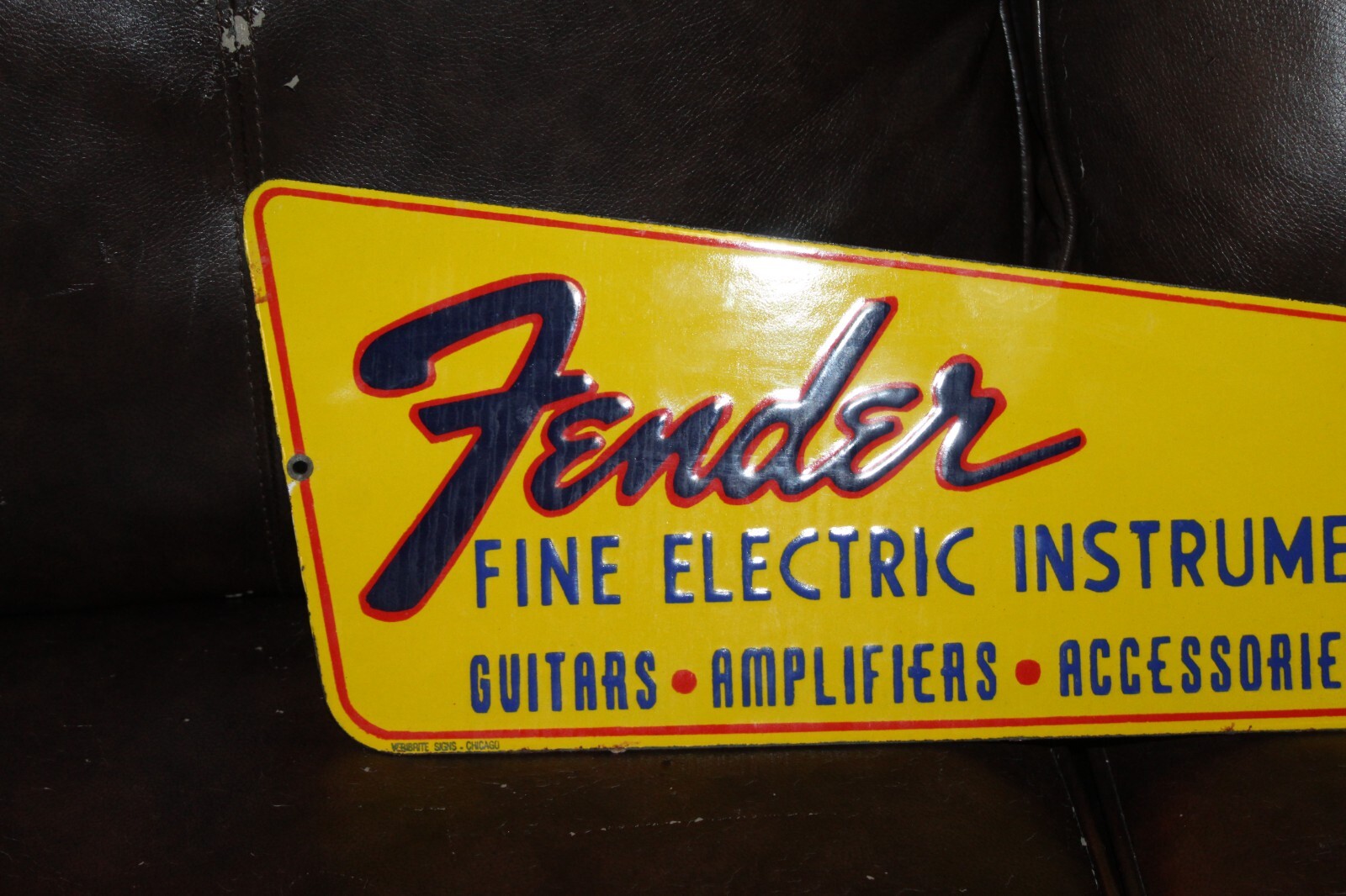 RARE LARGE FENDER GUITAR AUTHORIZED DEALER PORCELAIN METAL SIGN AMP ROCK BEATLES