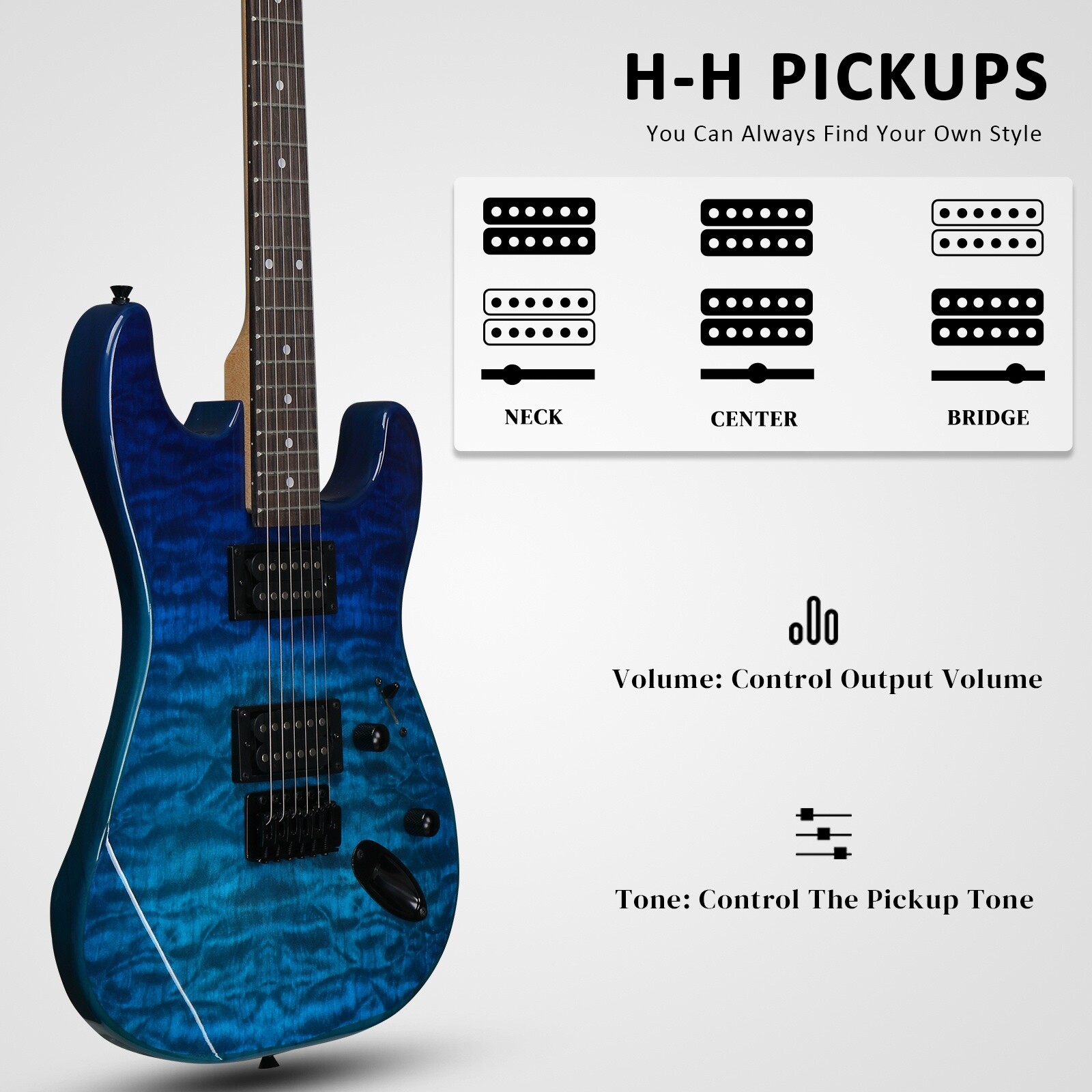 39″ Beginner S-Style Electric Guitar Set – Tremolo Full Size HH Pickups Blue