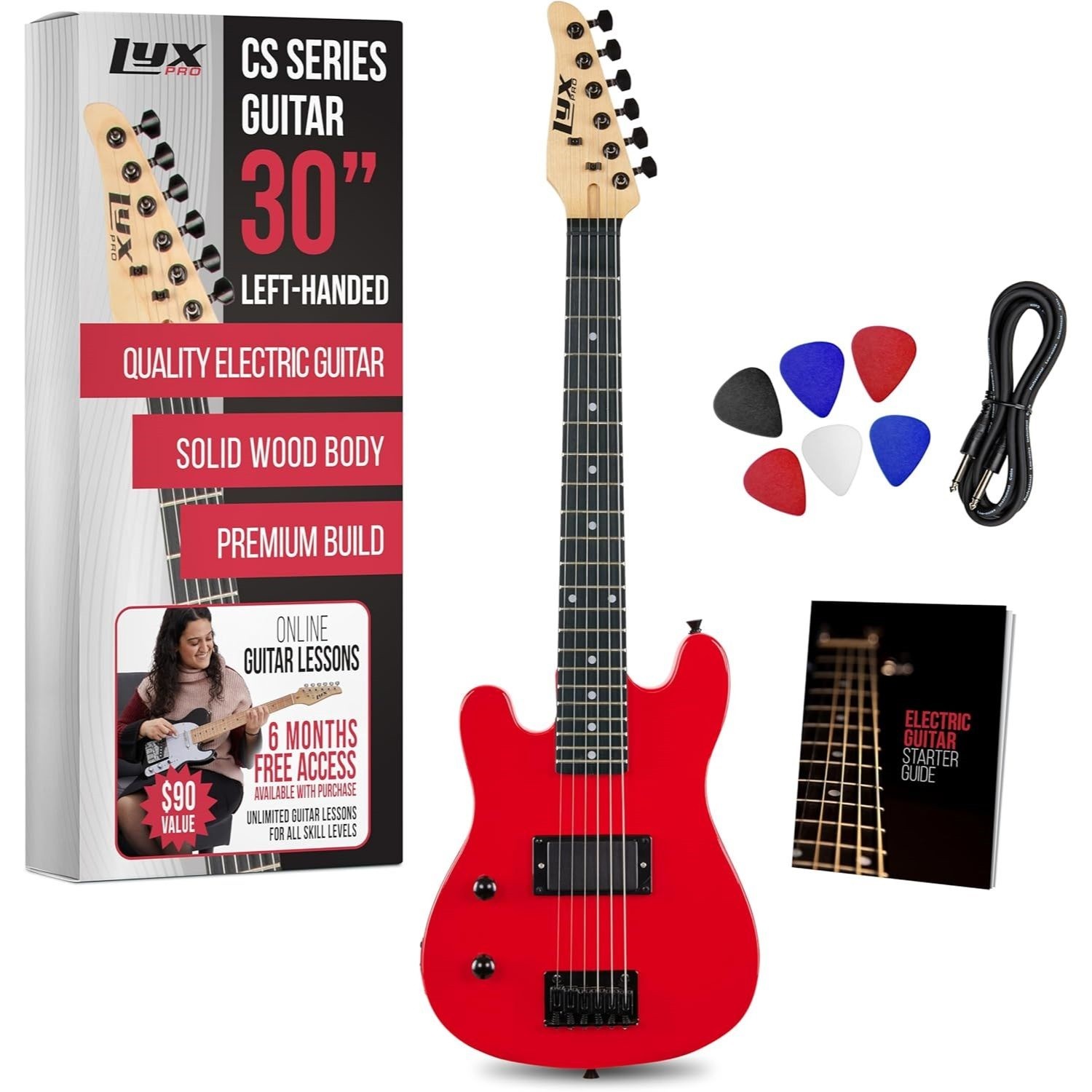 LyxPro CS 30in Left Hand Electric Guitar Kit Amp Cable 6 Picks Guide Red