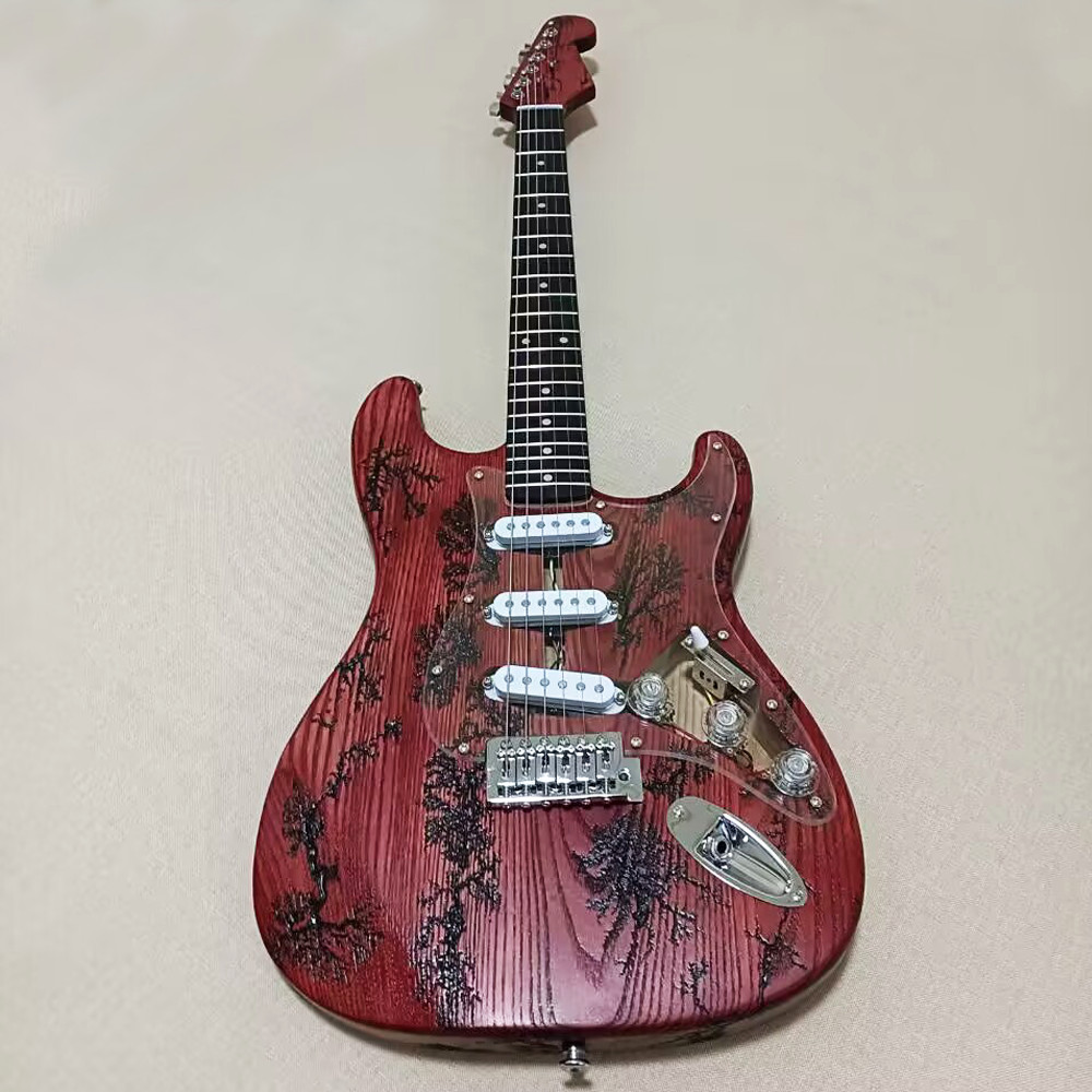 6 String red Ash Lightning Struck Wood Electric Guitar