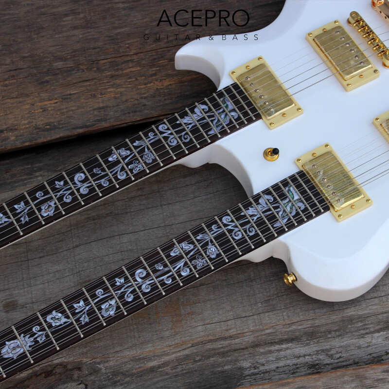 Acepro Double Neck White Electric Guitar Carved Top Abalone Custom Stem Inlays