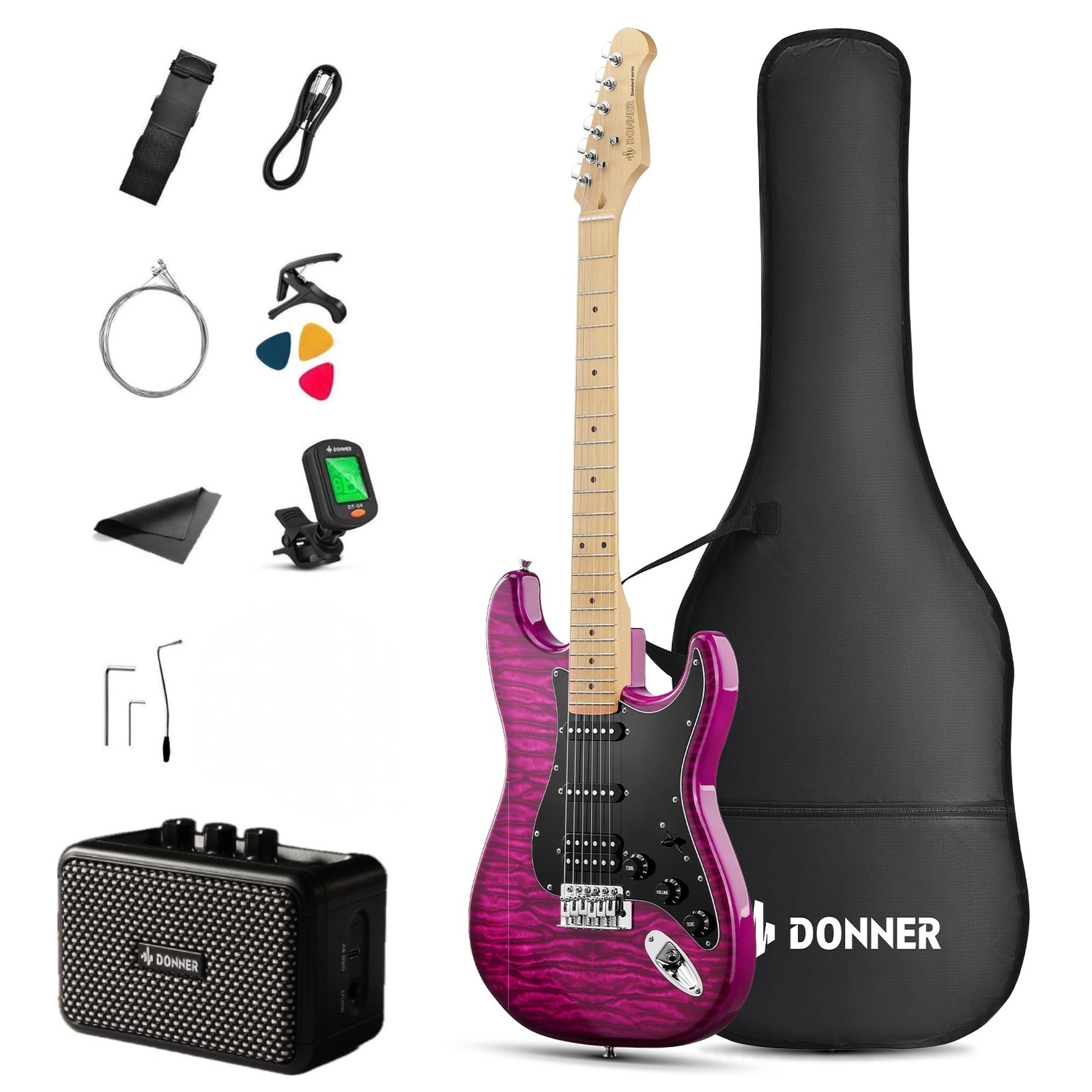 Donner DST-95 Electric Guitar + Amplifier & Gig Bag Tremolo Bar | Violet Purple