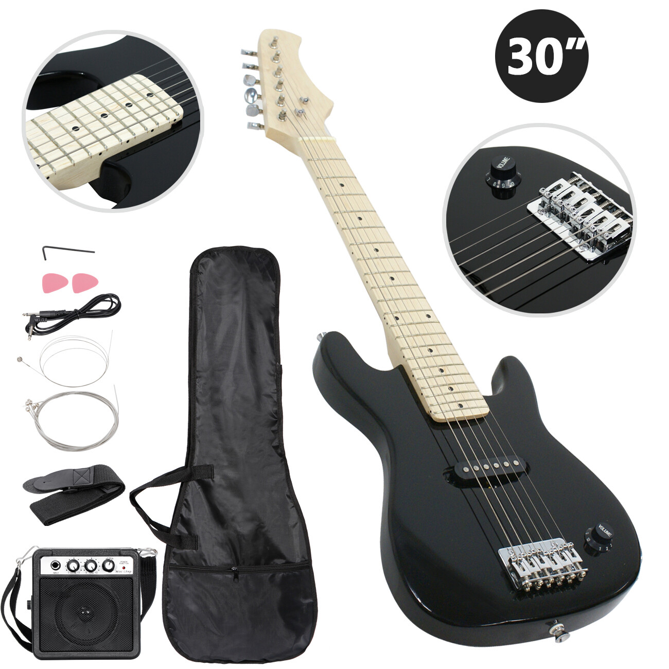 30Inch Electric Guitar Beginner Starter Kit w/5W Amplifier Gig Bag Strings Black
