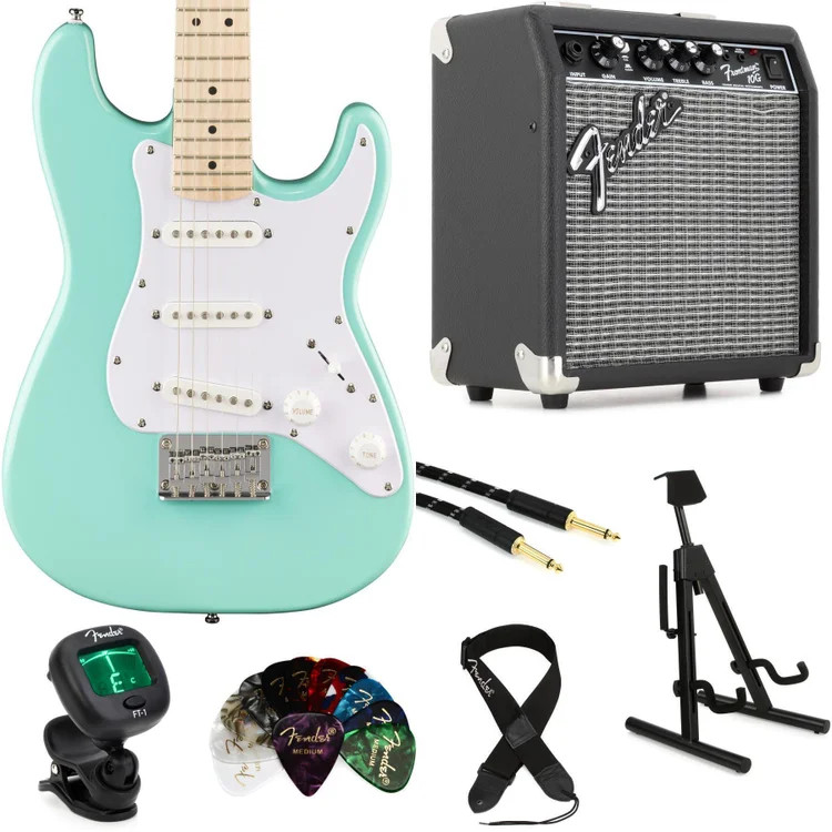 Squier Mini Stratocaster Electric Guitar and Fender Amp Bundle – Sea Foam Green
