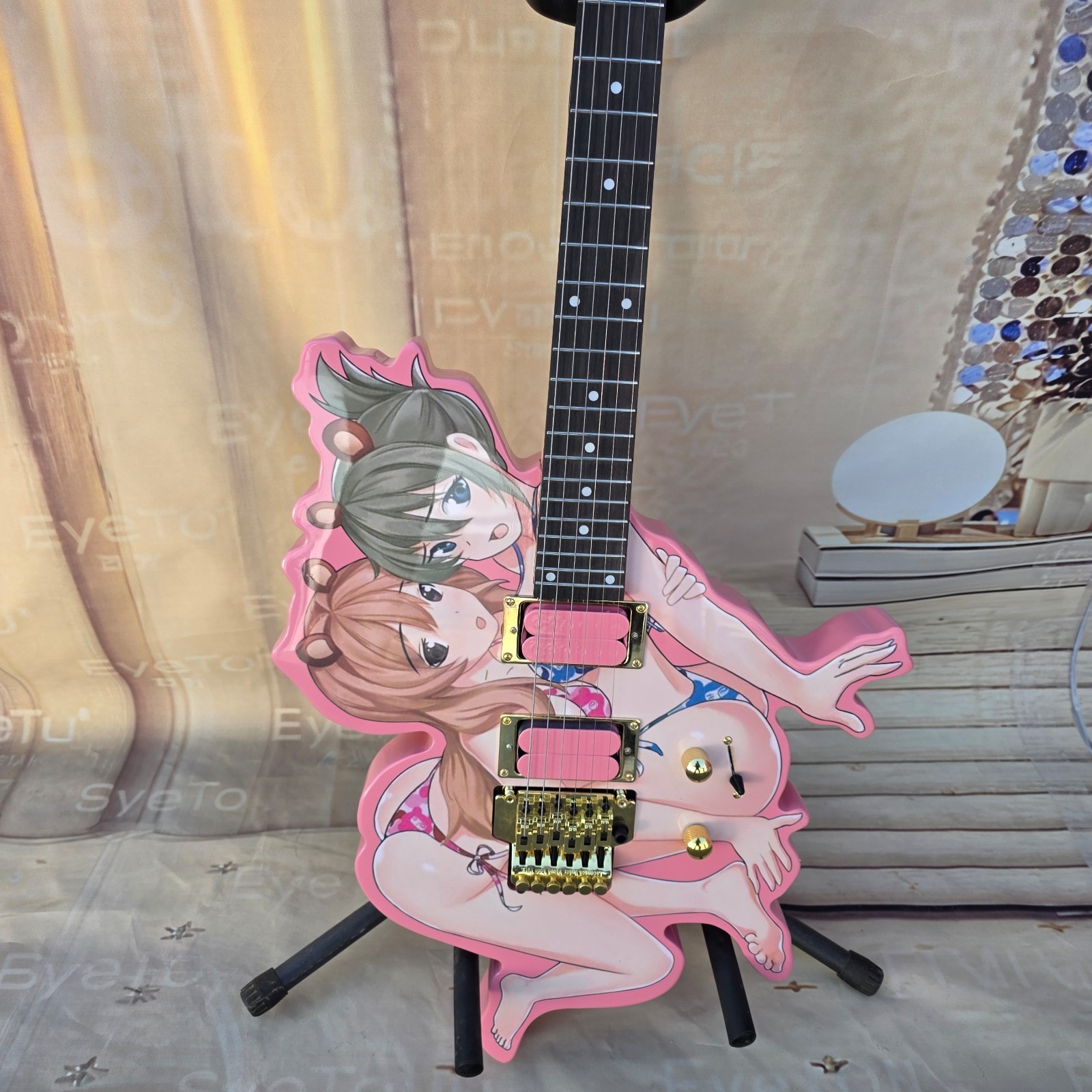 Hot Pick Pink Anime Custom Electric Guitar Unique Human Figure Shape 24frets