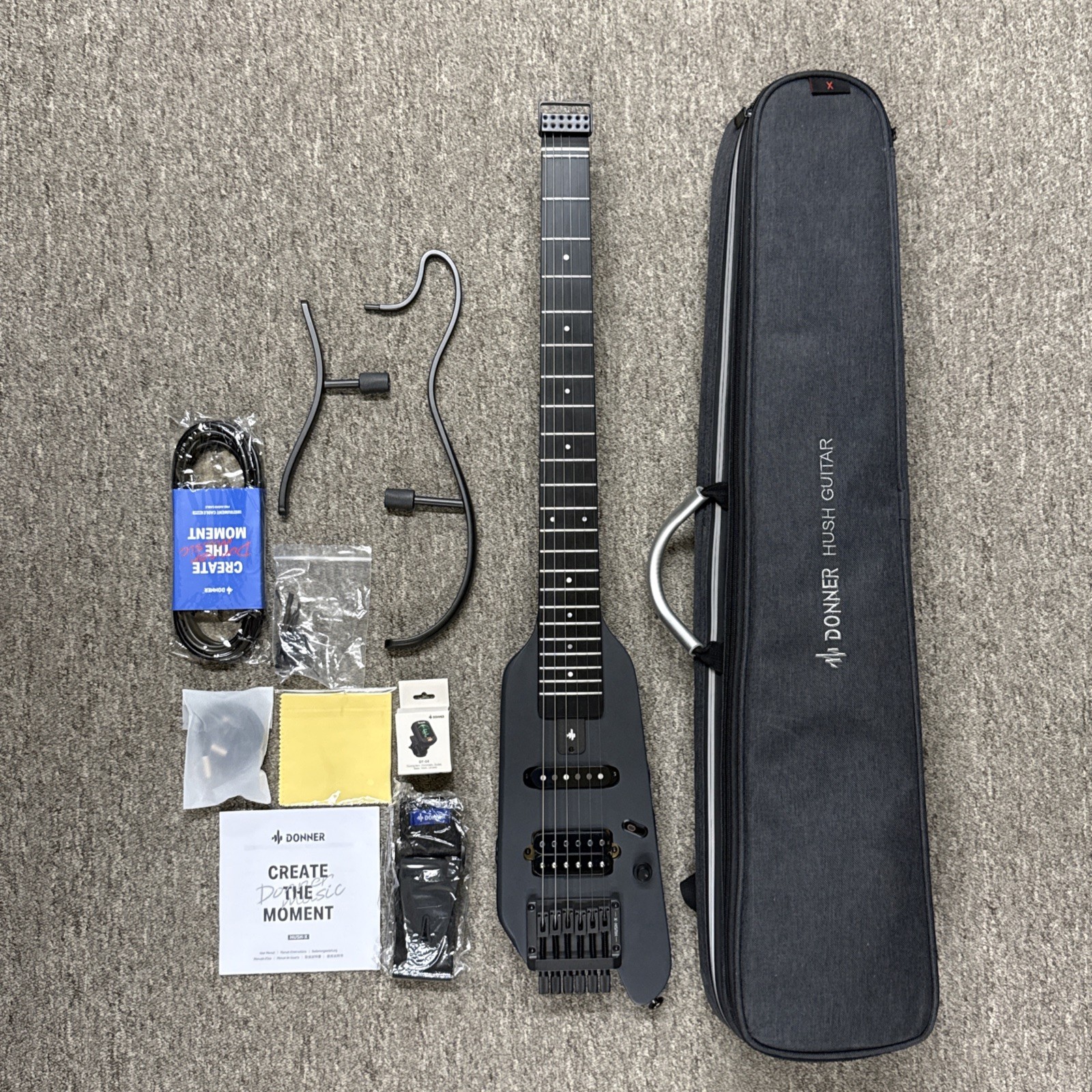 Donner HUSH-X Headless Electric Guitar + Gig Bag Headphone & Accessories | Black