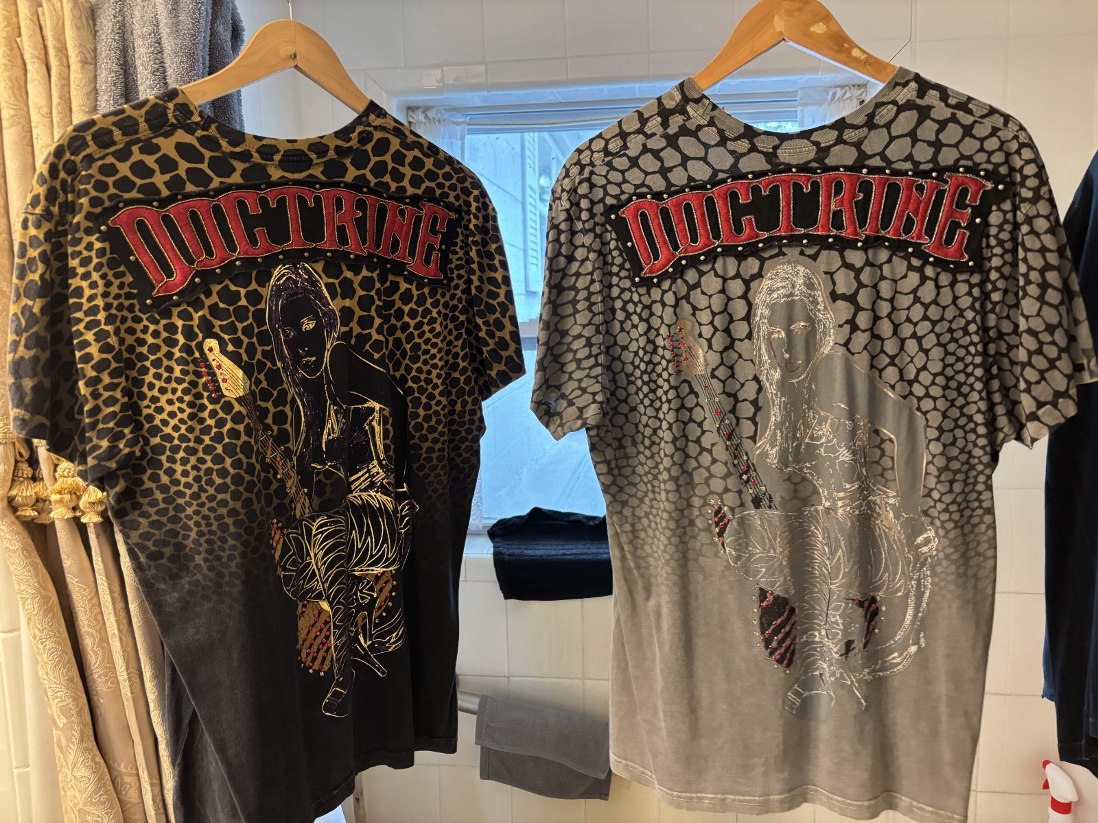 Very Rare Doctrine Shirt Bedazzled Rock and Roll Guitar Girl Large Black