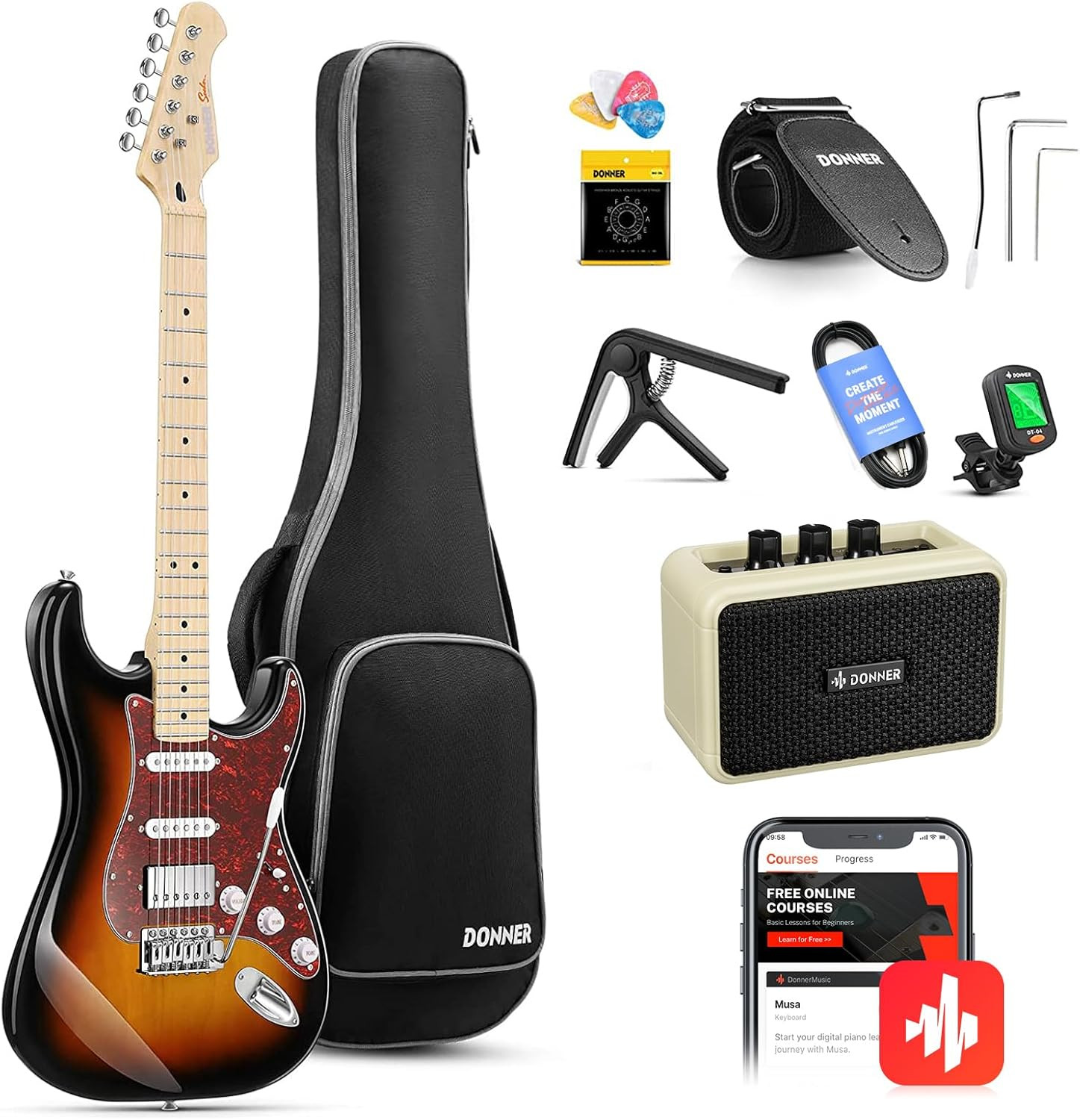 Donner DST-152S Electric Guitar Kit 39″ HSS Coil Split Starter Pack Sunburst