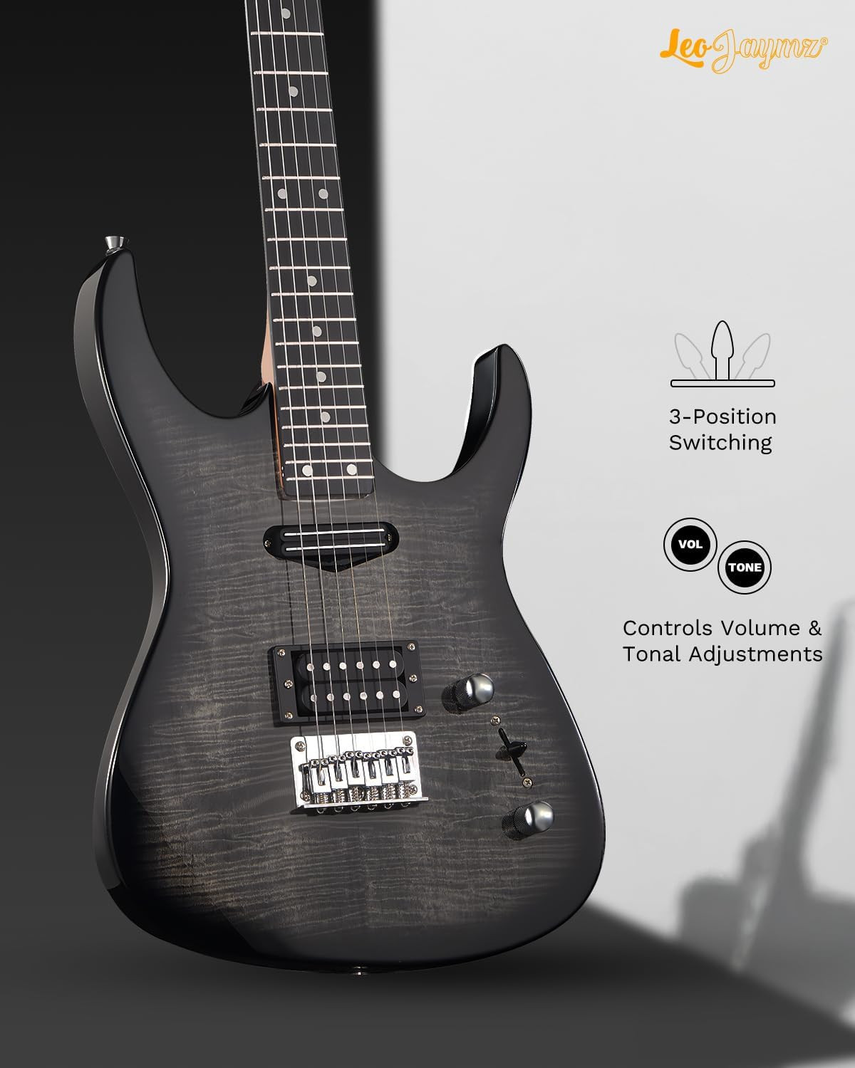 Leo Jaymz Thunderstorm ST Electric Guitar Black Flame 24 Frets Fixed Bridge