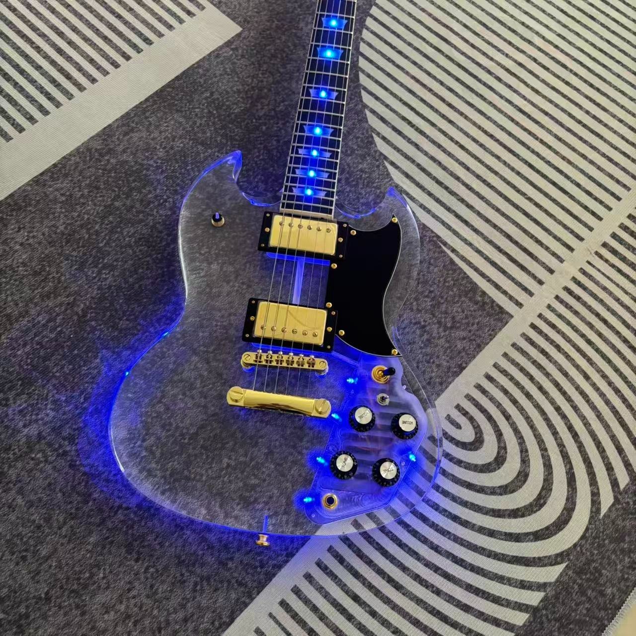 Blue Light Acrylic Electric Guitar Genuine Rosewood FB Maple Neck Golden Part