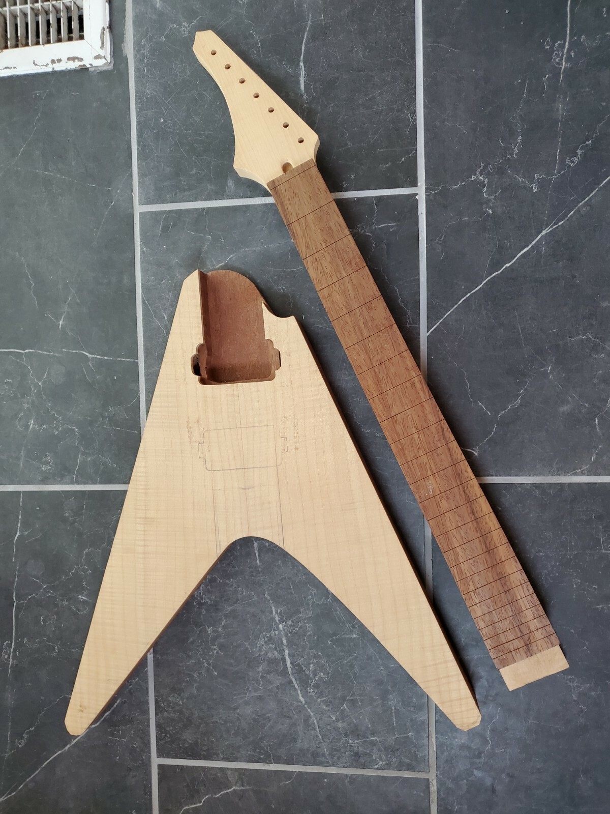 Custom guitar project 7 string flying v flame maple mahogany padauk unfinished