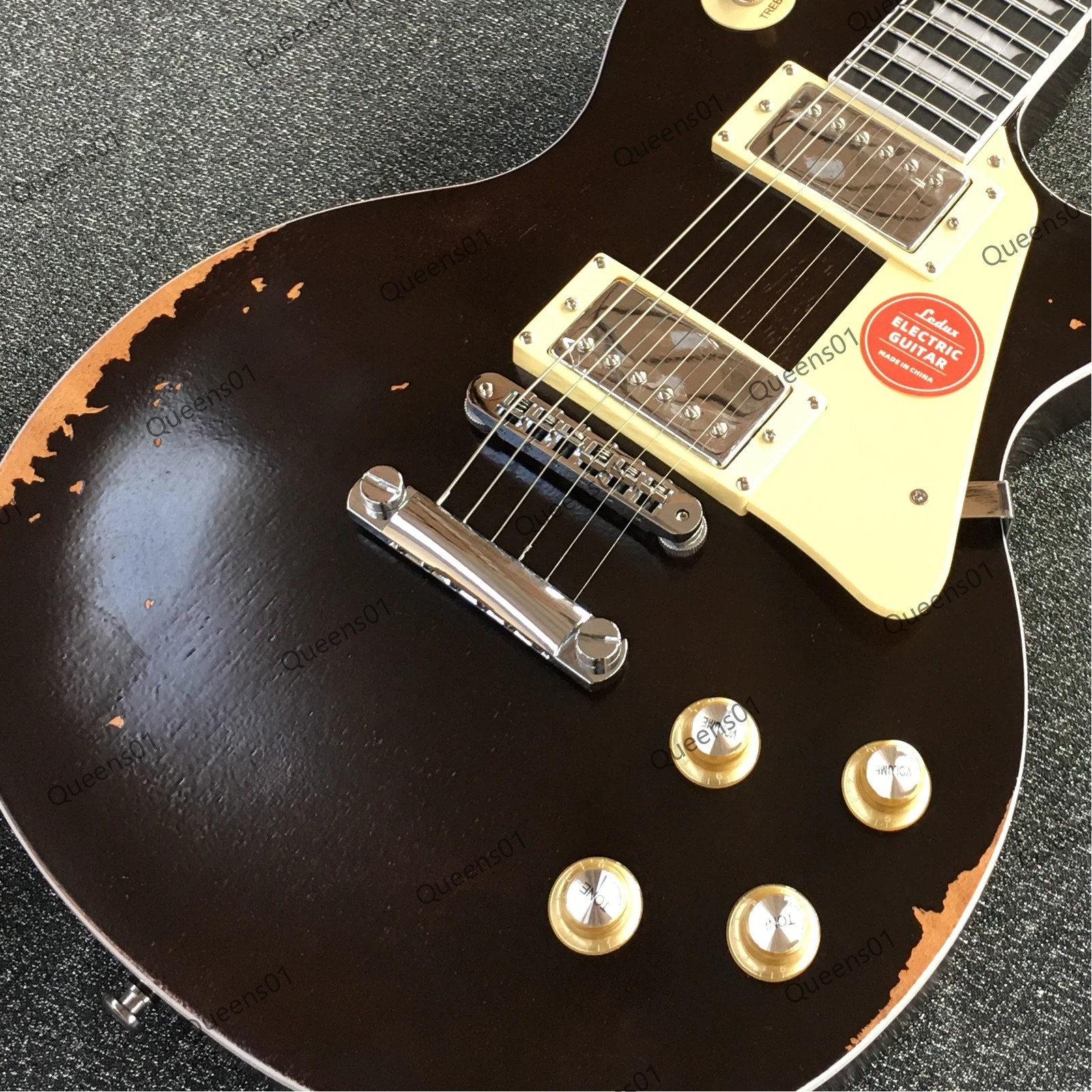 Aged Solid Electric Guitar Stainless Steel Rounded Frets Chrome Parts Dark Red