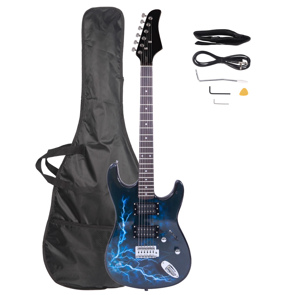 Lightning Style Electric Guitar Power Cord/Strap/Bag/Plectrums Black & Dark Blue