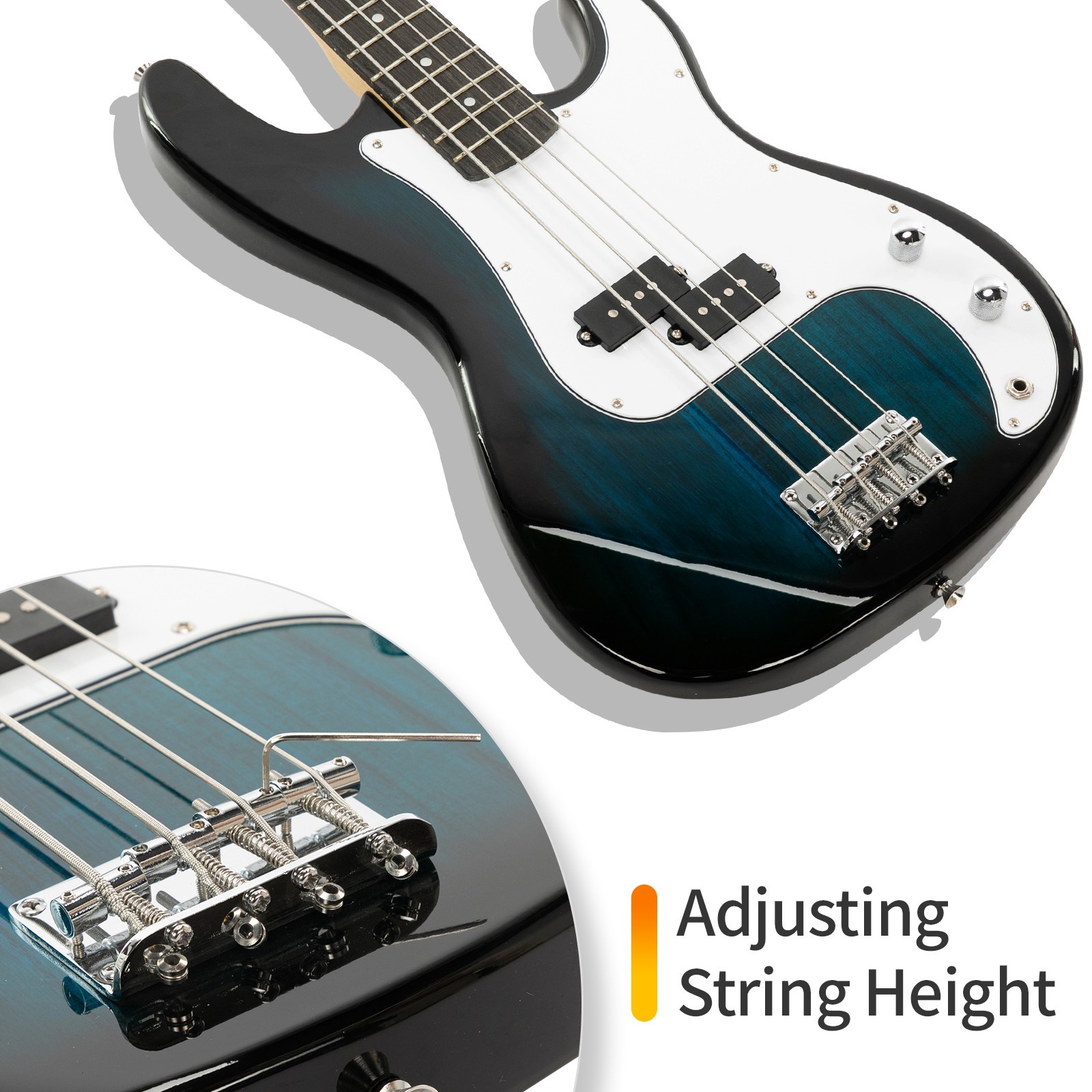 US 45″ Blue Electric Bass Guitar 4-Strings Full Size W/ Bag Strap Pick Cable