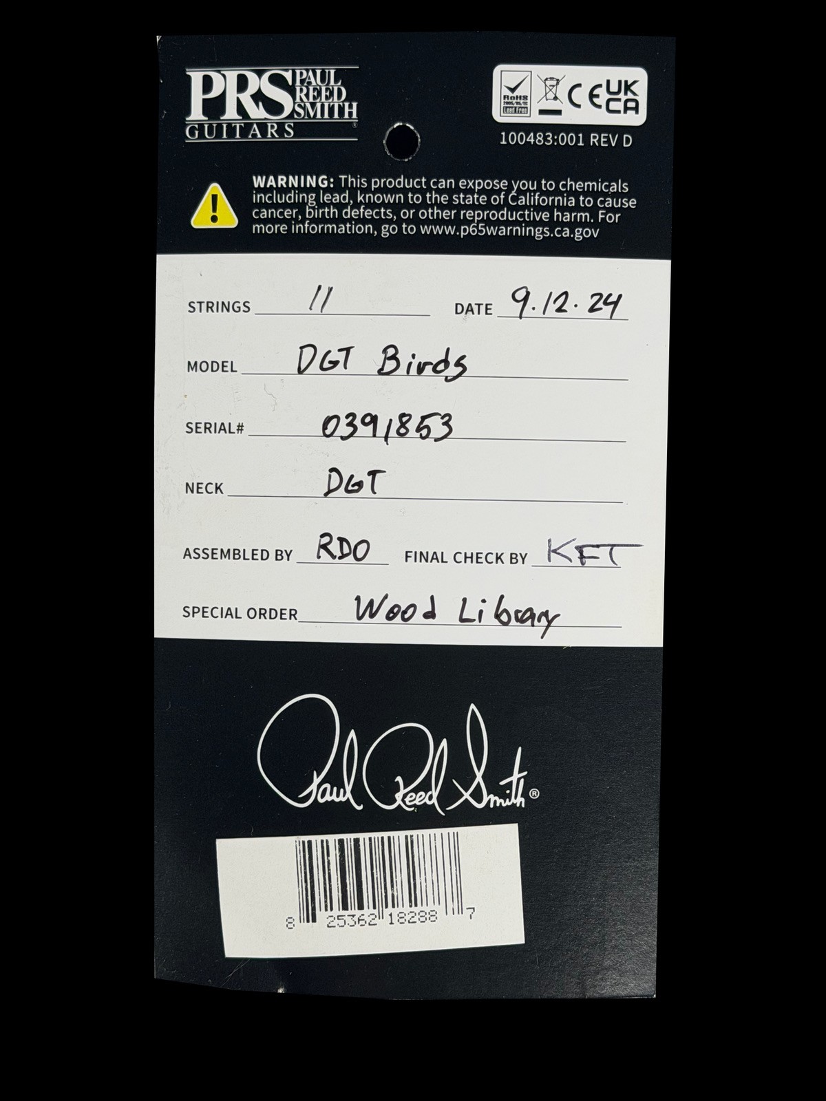 2024 PAUL REED SMITH PRS DAVE GRISSOM DGT WOOD LIBRARY BR@ZILIAN ~ FROST BITE