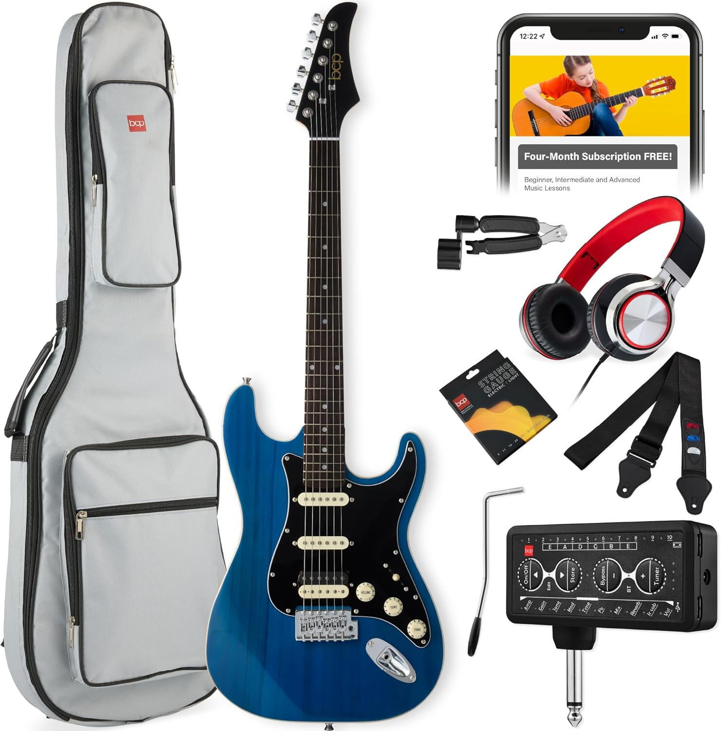 Beginner HSS Electric Guitar Kit W/Headphone Amp, Padded Gig-Bag, Headphones, Gu