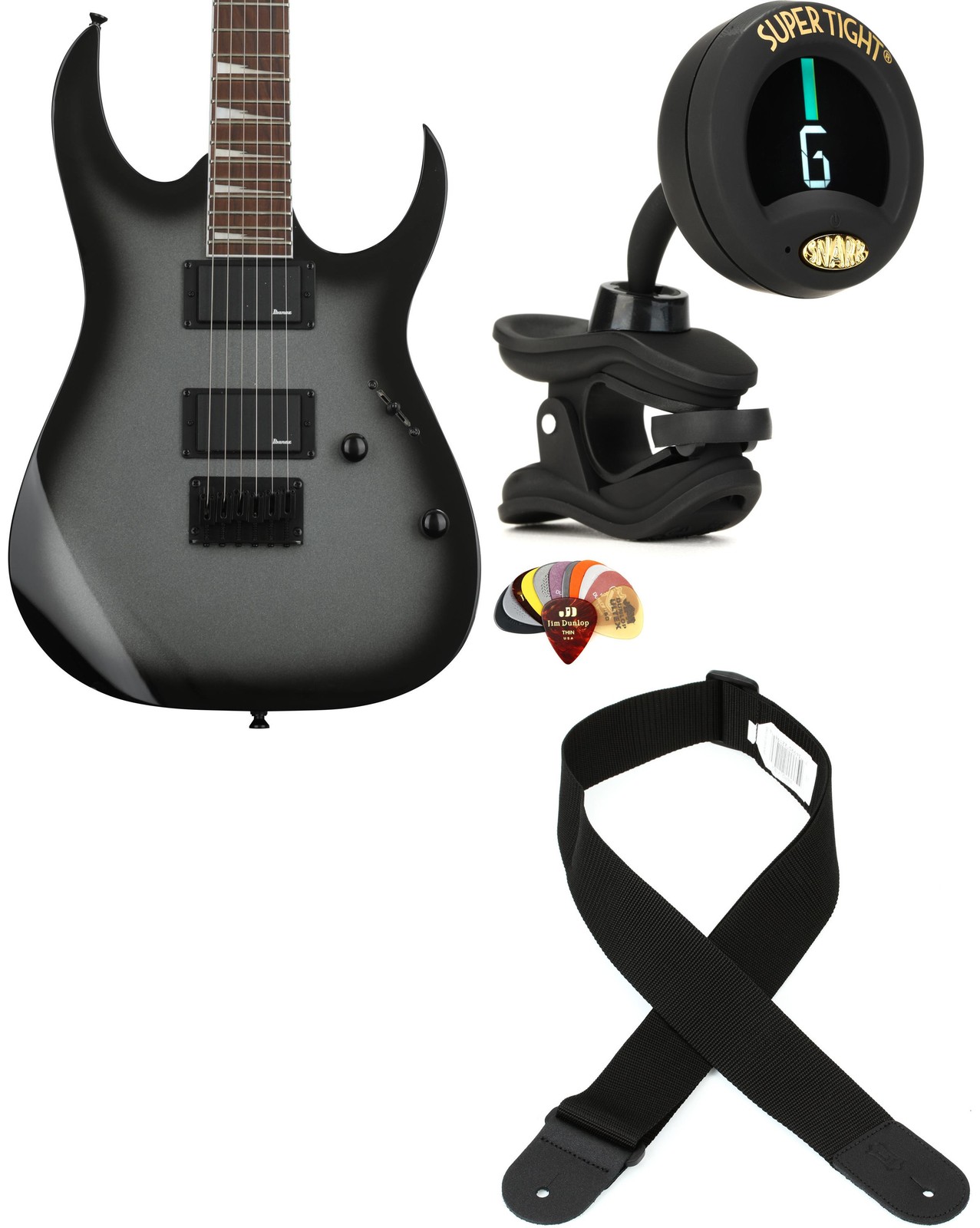 Ibanez GRG121DXMGS + Snark ST-8 + Dunlop PVP101 + Levy’s M8POLY-BLK Value B