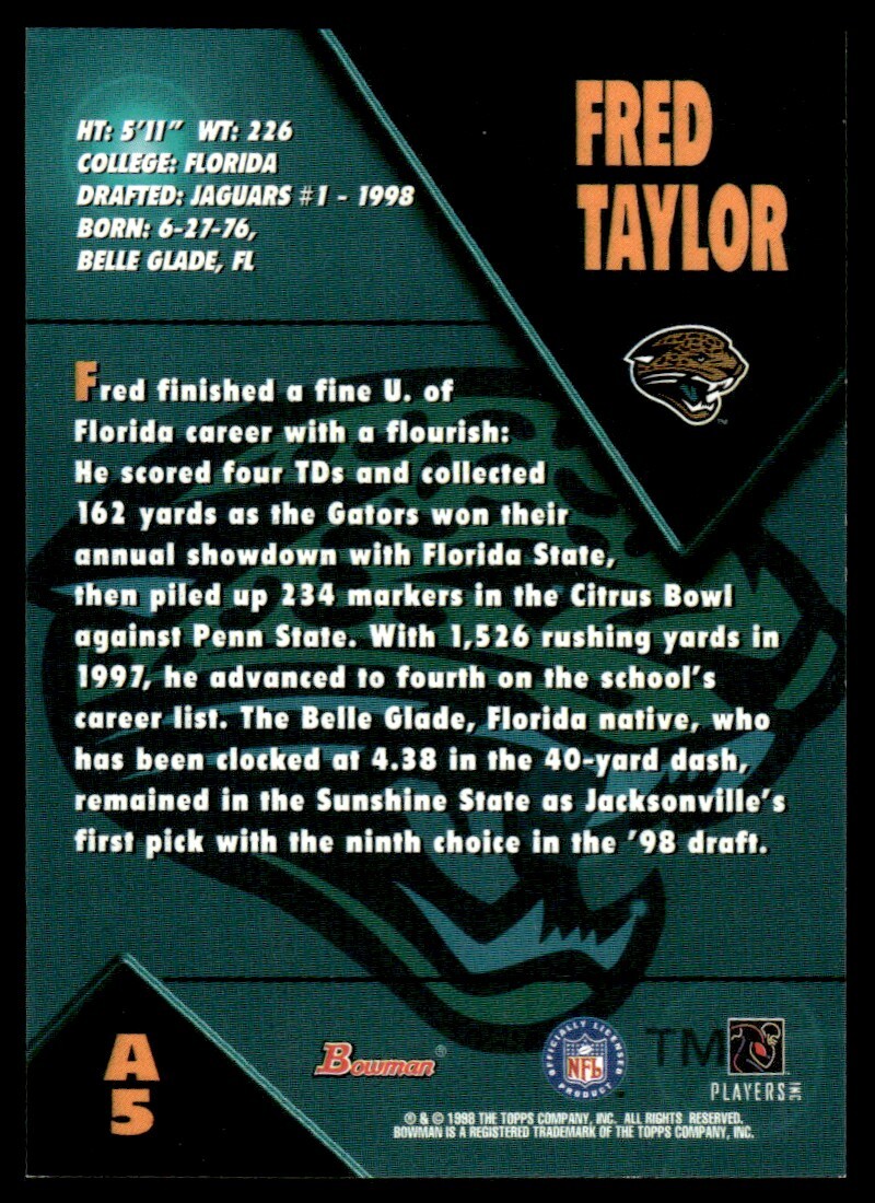 1998 Bowman Rookie Autographs Fred Taylor Auto #A5