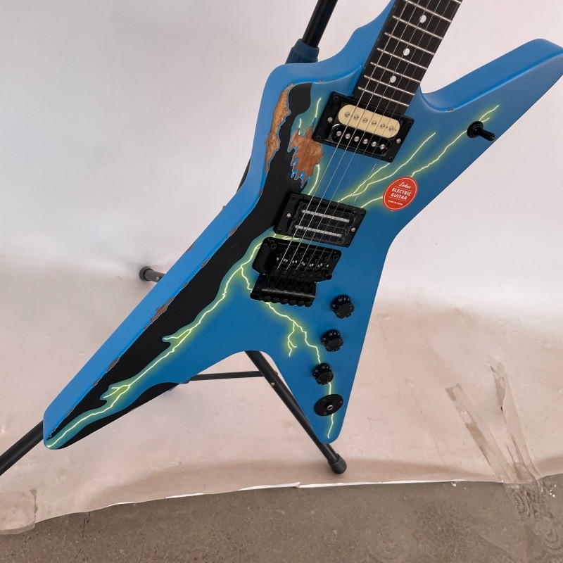 Vintage Aged Blue Lightning Solid Electric Guitar H-H Pickups Rounded fret Edge