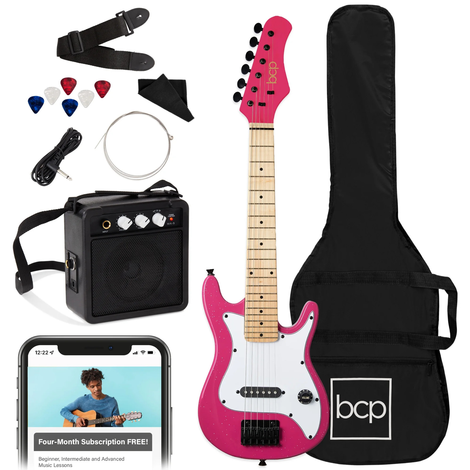 30in Kids Electric Guitar Beginner Kit w/ 5W Amplifier Strap Case Pink Youth Sta