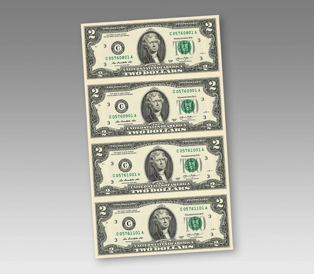 Sheet of 4 uncut $2 Dollar Bills brand new includes the protective cover #955.
