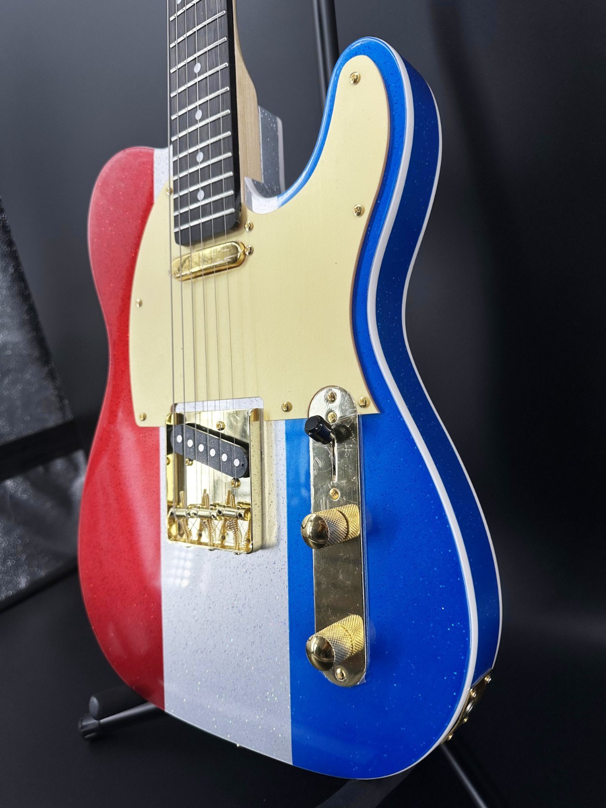 Custom TL Shape Electric Guitar Tri Color Glitter Body Gold Pickguard