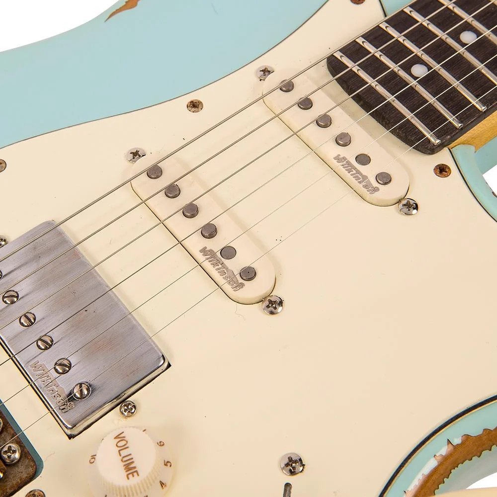 Vintage V6H ICON HSS Electric Guitar, Ultra-Gloss Distressed Laguna Blue