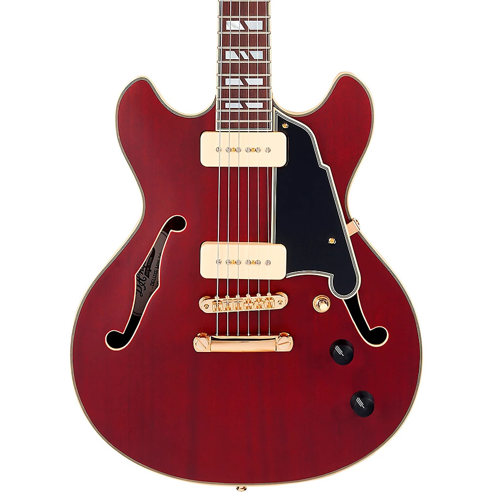 D’Angelico Deluxe Mini DC Semi-Hollow Electric Guitar Satin Trans Wine