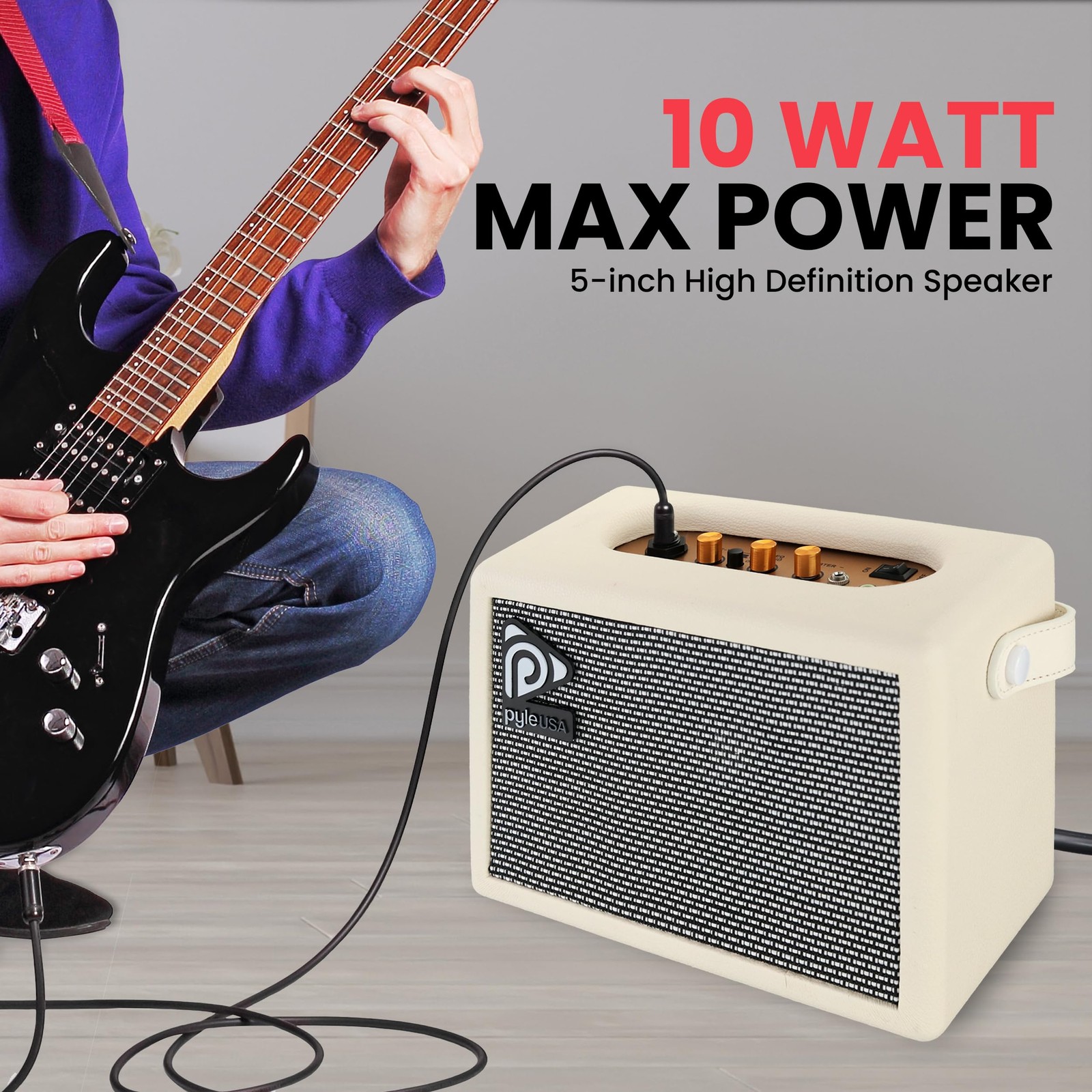 Pyle Portable Electronic Guitar Amplifier – 5” Speaker with Controls (White)