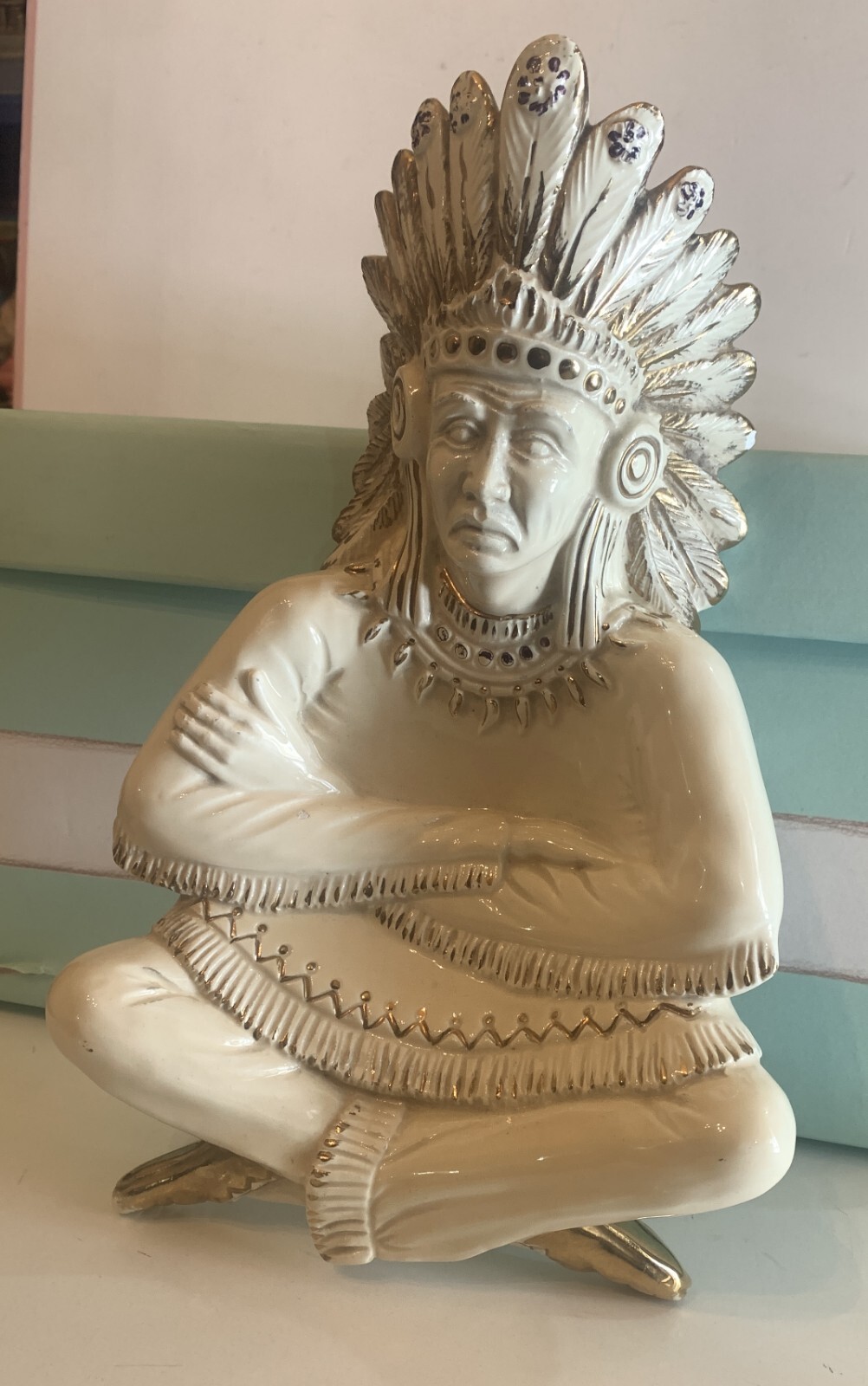 VINTAGE 11″ LARGE FIGURE CERAMIC COIN TRAY AMERICA INDIAN NATIVE MADE IN ITALY