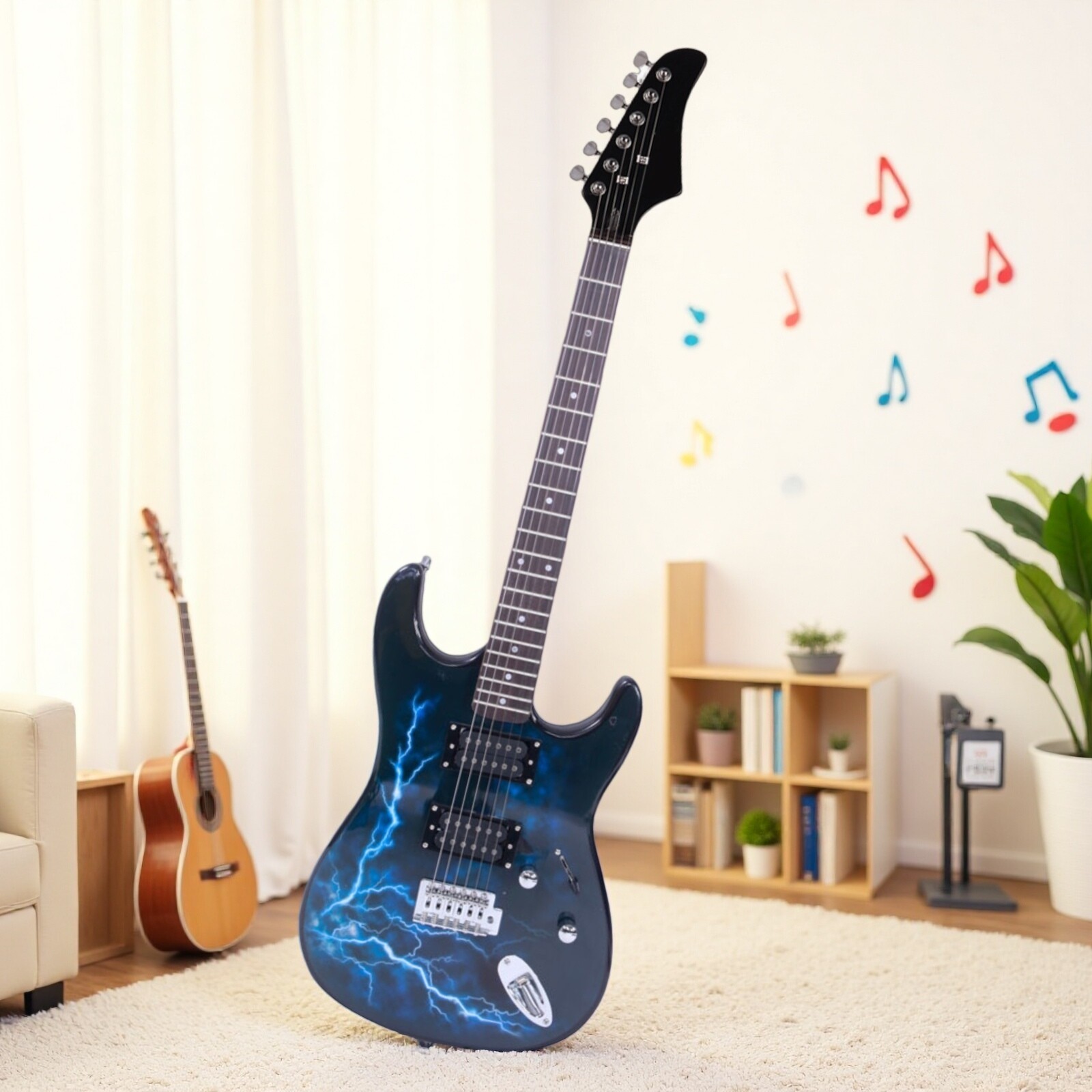 Stylish Black H-H Pickups ST-E Electric Guitar Set With Lightning Patterns