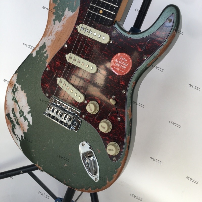 no logo electric guitar aged Dark green tremolo bridge SSS pickups fast delivery