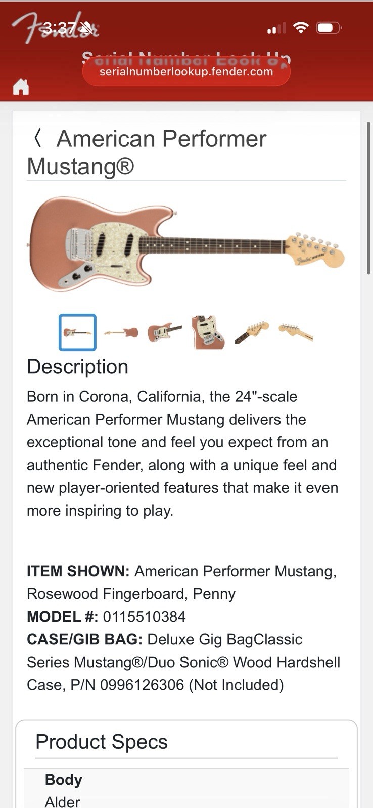 Fender American Performer Mustang Penny Pink Rosewood 6-String RH w/ Gig Bag