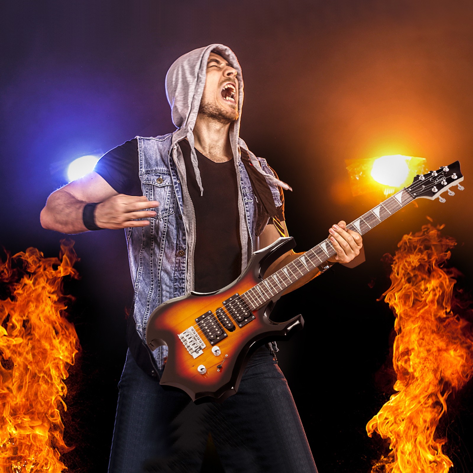Glarry Burning Fire Style Right-Handed Basswood Electric Guitar With Bag Tools