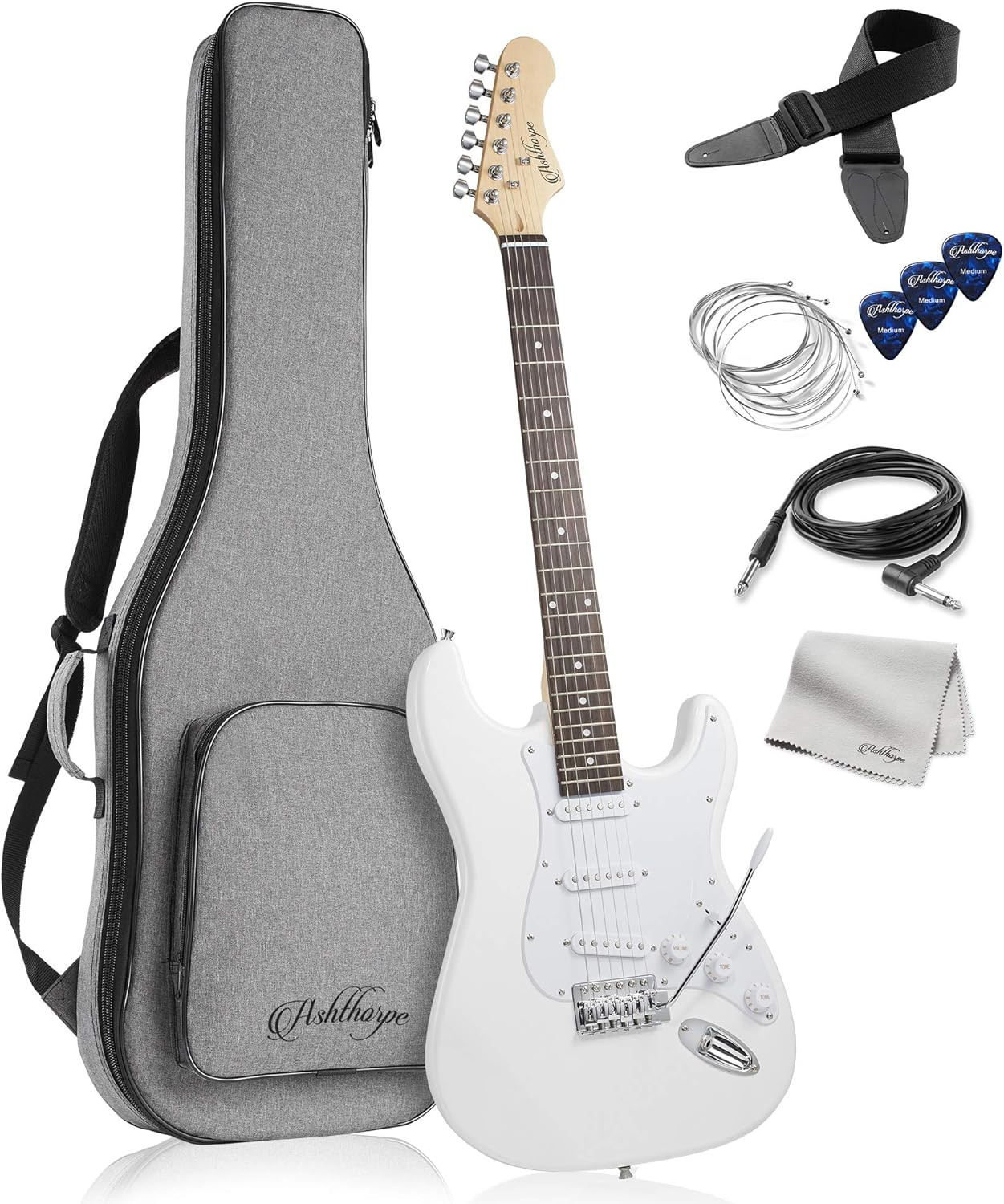 39-Inch Electric Guitar (White-White), Full-Size Guitar Kit with Padded Gig Bag,