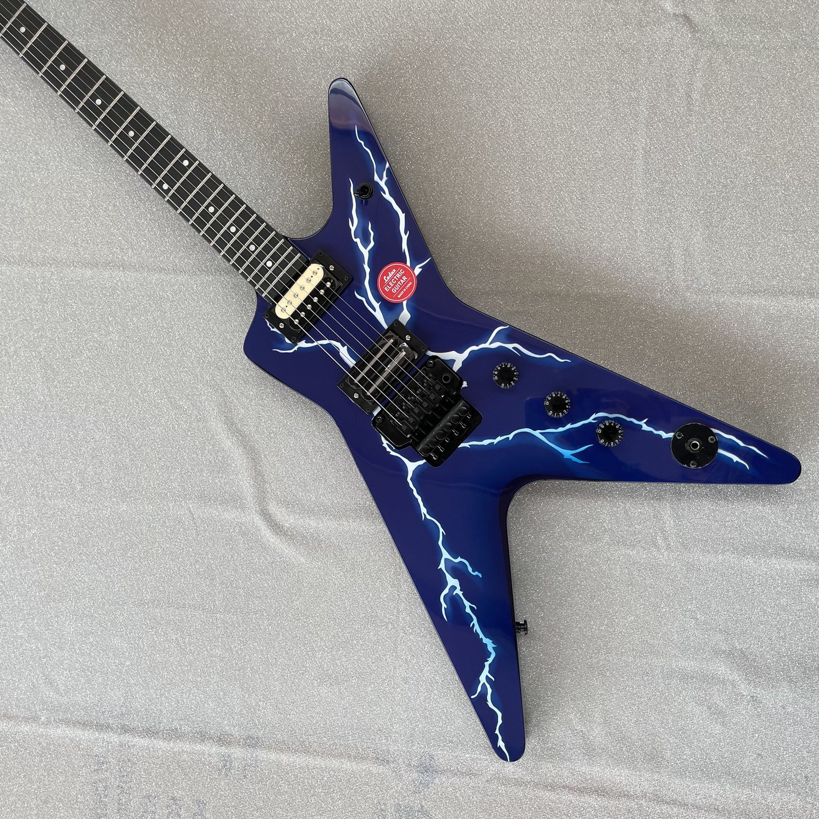 Electric Guitar Double Tremolo H-H Pickups Lightning Print Blue Finish Black HW