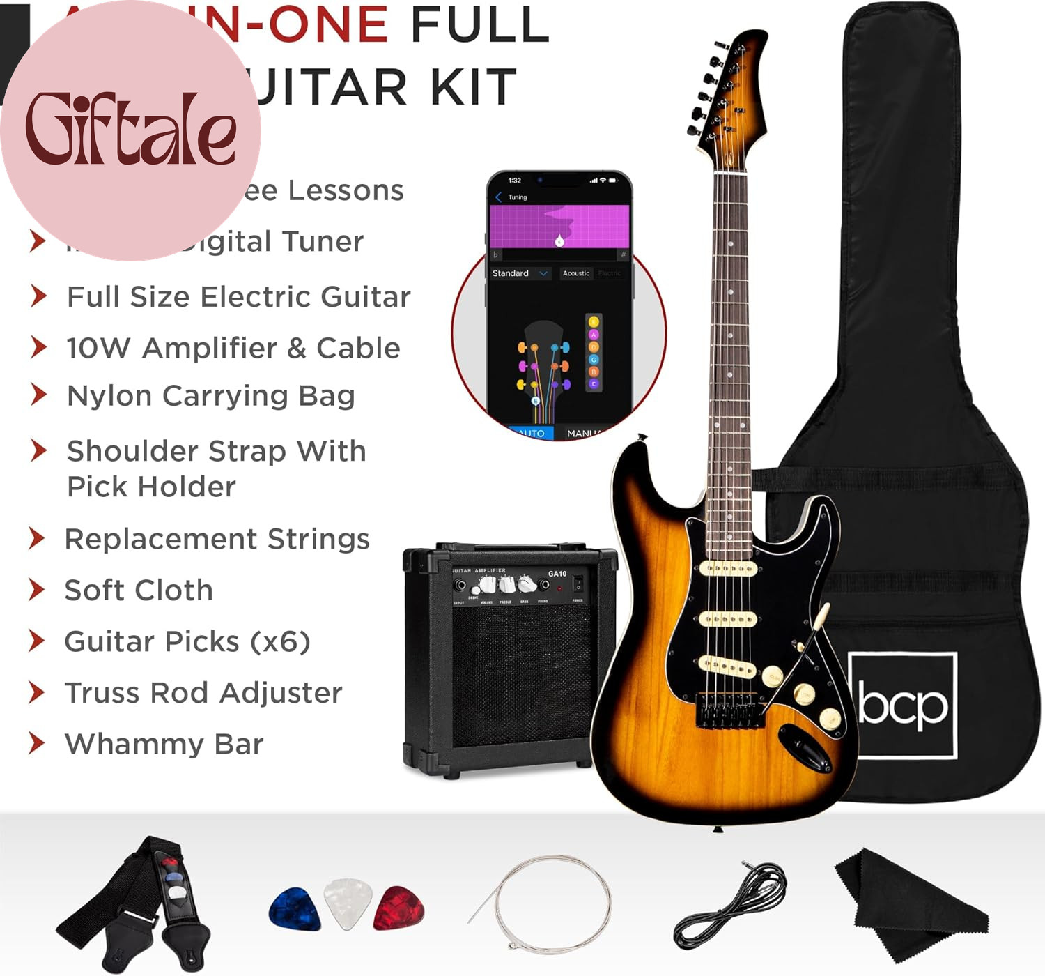 39In Full Size Beginner Electric Guitar Starter Kit W/Case, Strap, 10W Amp, Stri