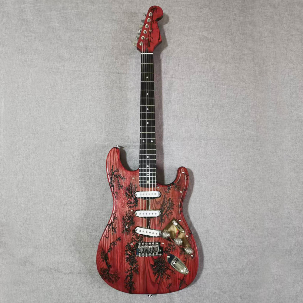6 String Ash ST Lightning Struck Wood Electric Guitar 21F red body CR part solid