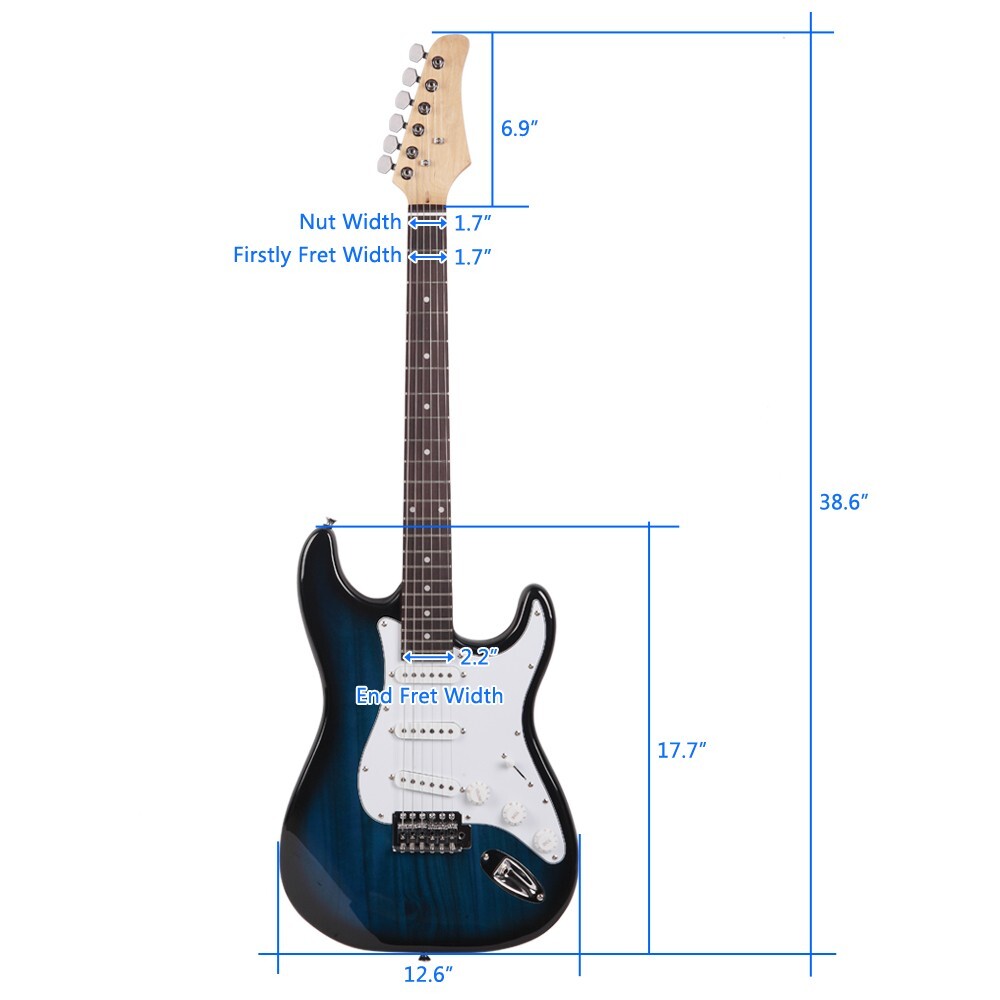 Full-Size 39″ Transparent Blue Solid Body Electric Guitar with Gig Bag & More!