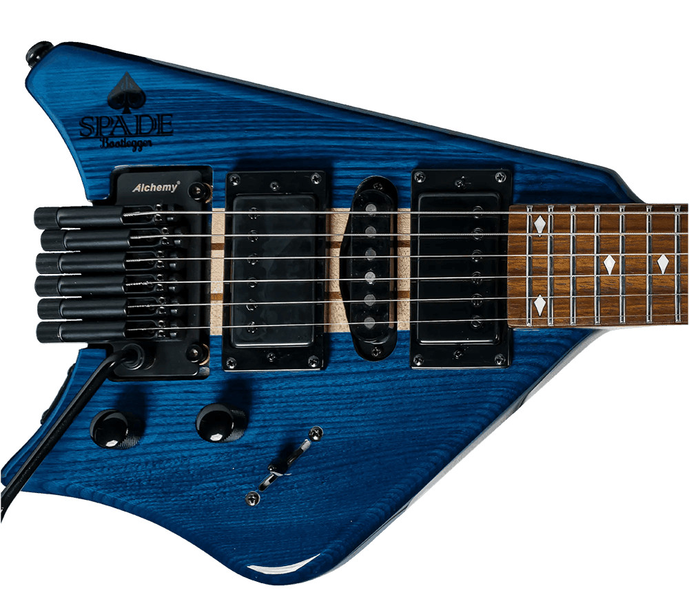 Bootlegger Guitar Spade 25.5″ Headless Guitar Blue, HSH, Floating Tremolo + Case