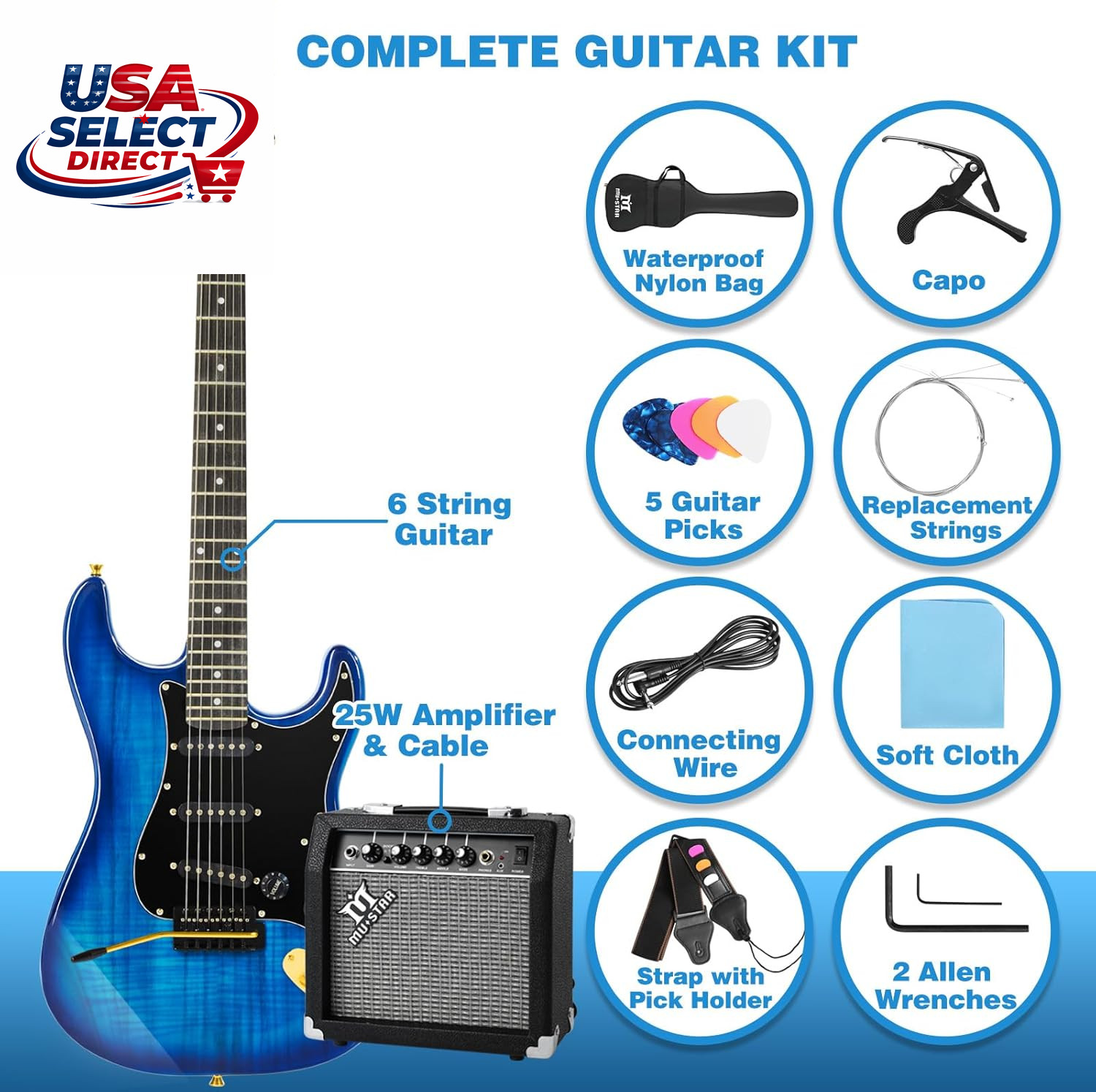 Electric Guitar Kit with 25W Amplifier, Gig Bag, Capo, Strap, Picks