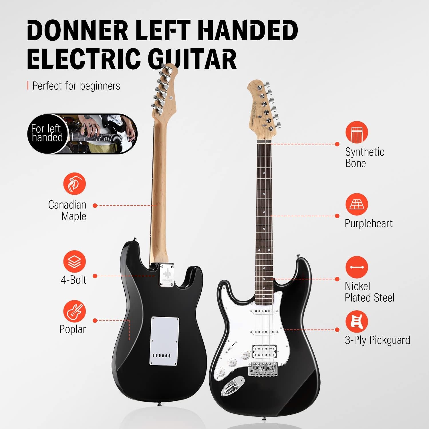 Donner DST-100BL Left Hand Electric Guitar Kit 39 Inch Black w/ Amp Beginner Set