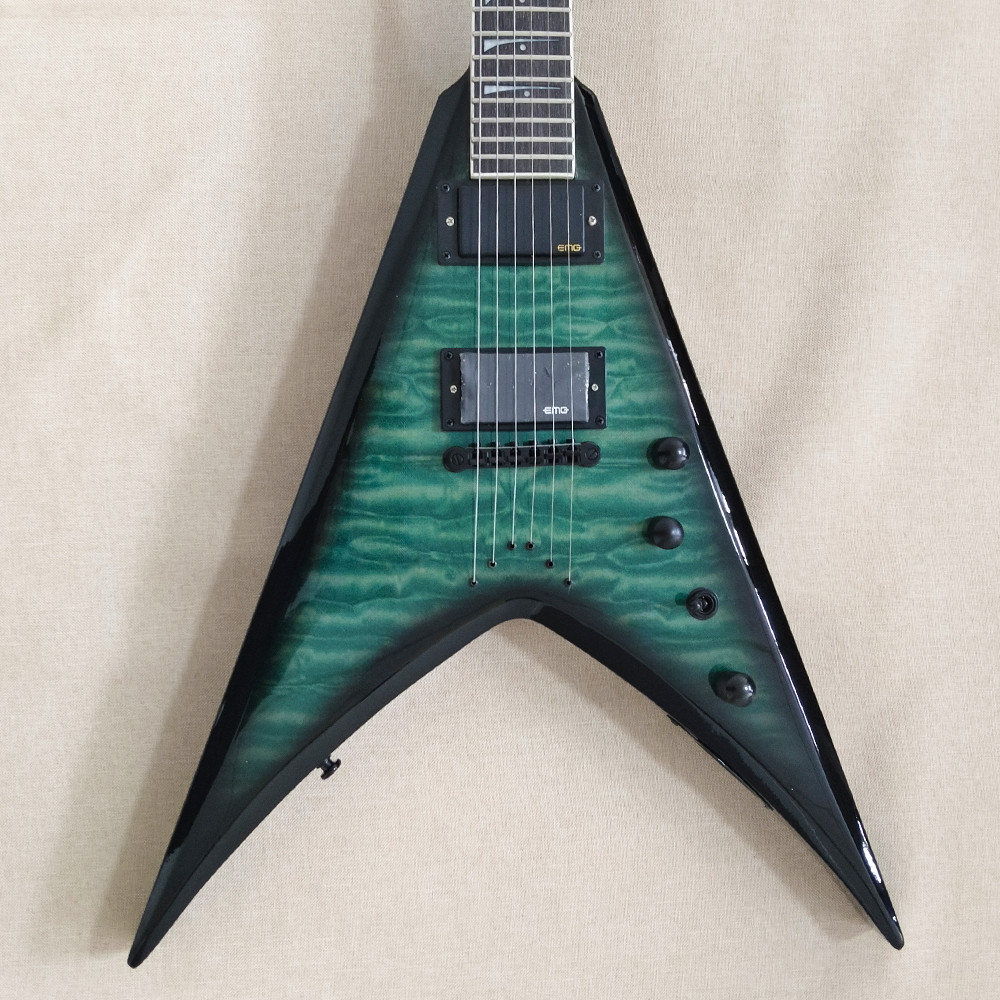 6 String Greenburst V Style Electric Guitar Rosewood Fretboard Abalone Inlay