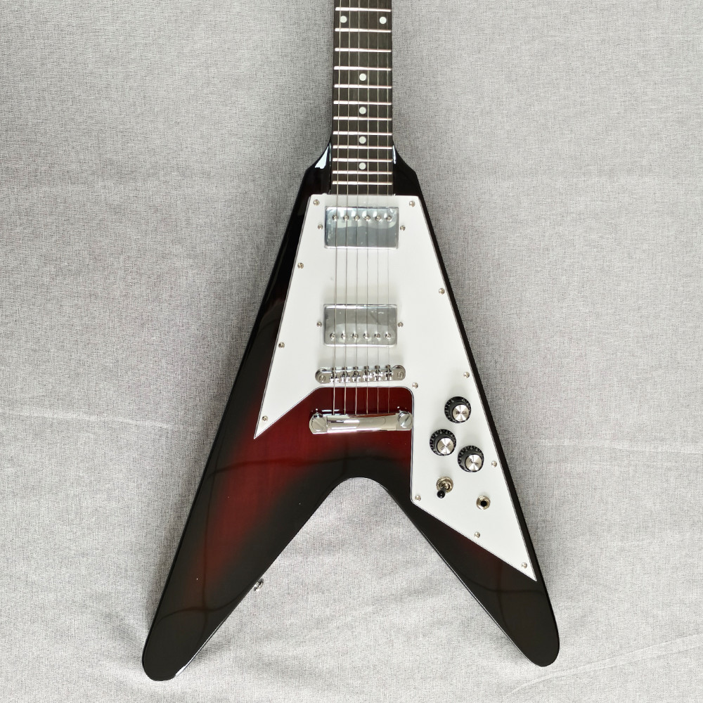 Red Sunburst F V Style Electric Guitar 6String 22Frets with White Pickguard 22F