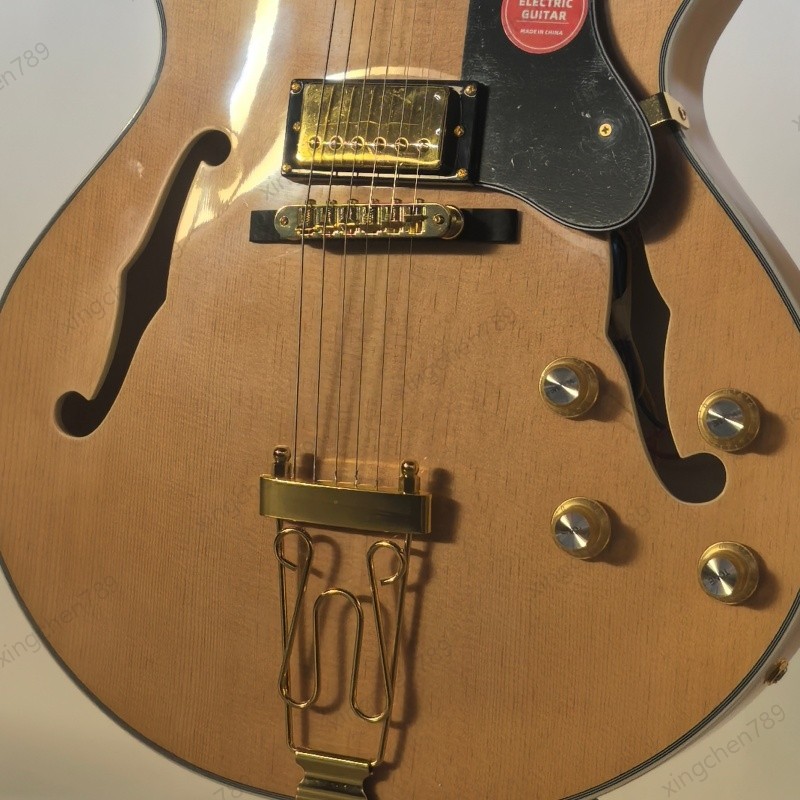 Natural Spruce Top Hollow Body Electric Guitar Bone Nut Rounded Fret Edge Stock
