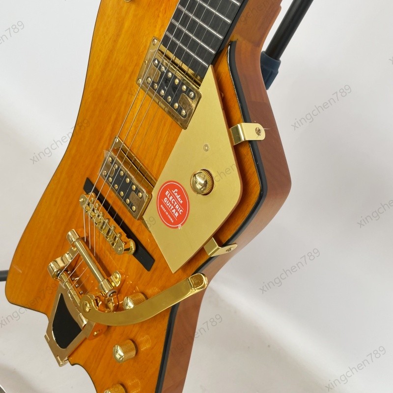 Glossy Yellow Wood Grain Solid Body Electric Guitar Stainless Rounded Fret Rock