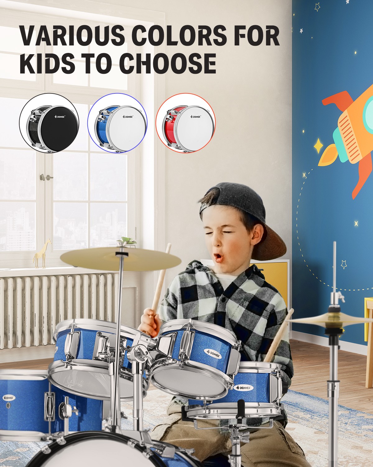 Donner EDS-220 Blue Junior Drum Kit 14″ 5-Piece Perfect Child Gift Full Kit.