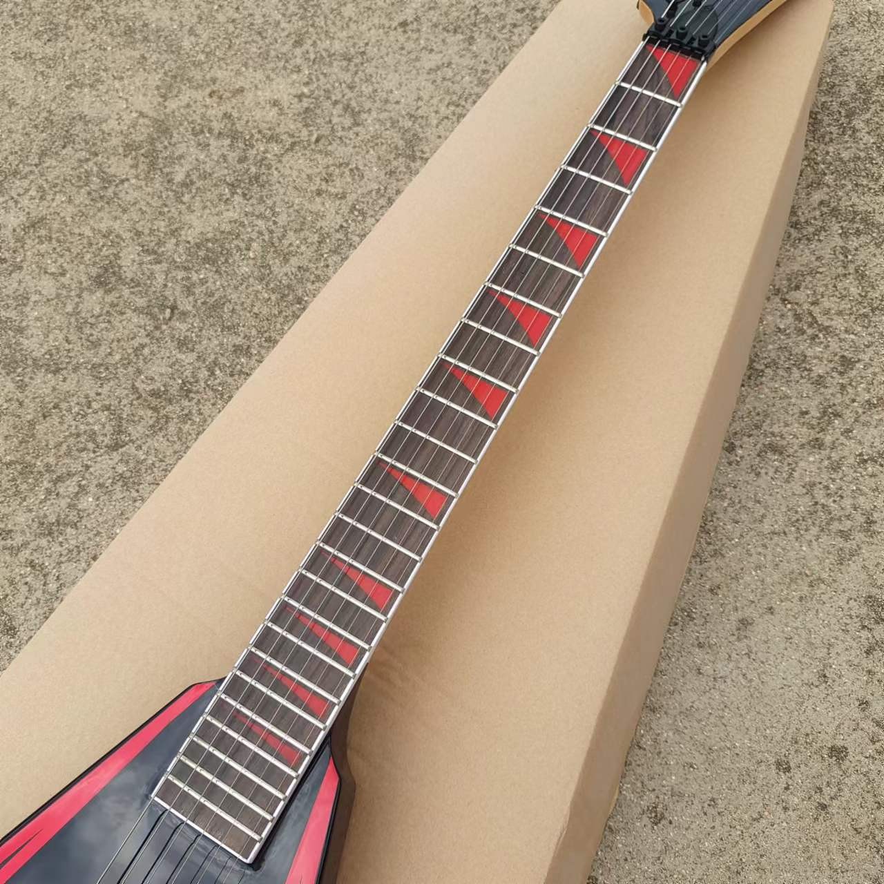 Black & Red Geometric Trim Flying V Double Tremolo Electric Guitar for Professio