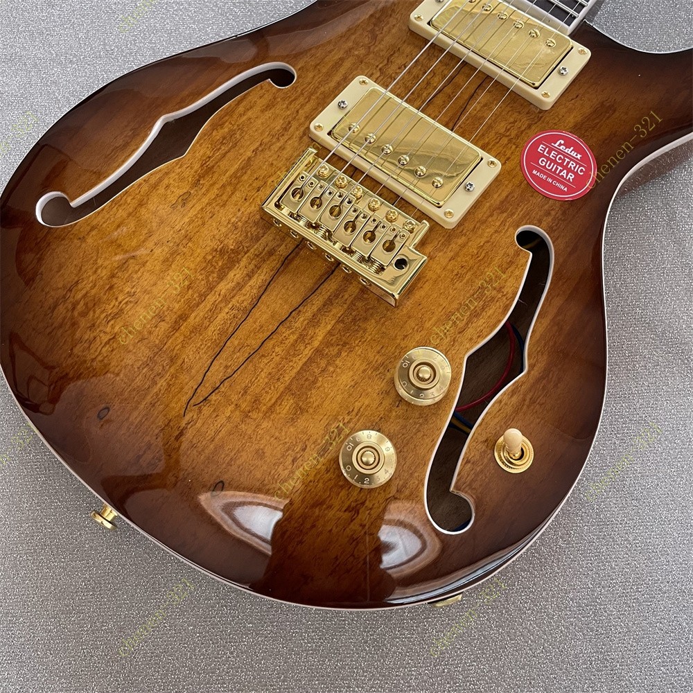Semi-Hollow Electric Guitar Spalted Maple Top Bird Inlay Bone Nut Tobacco Burst